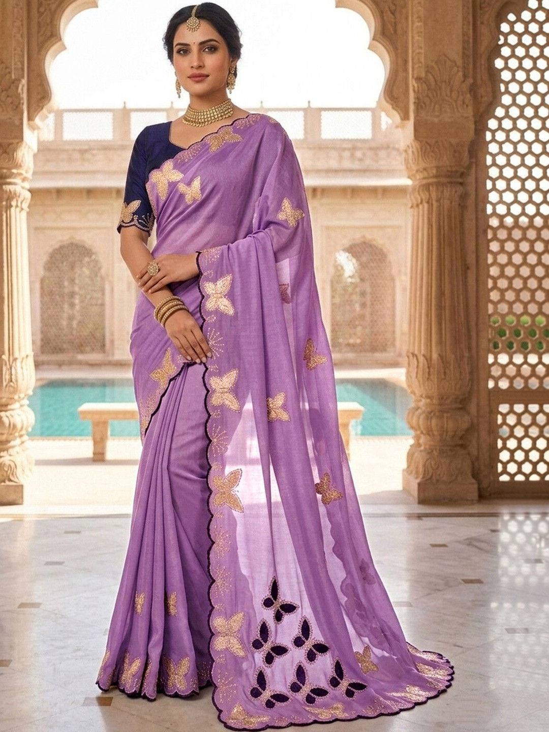 Satrani Embellished Embroidered Pure Georgette Saree With Blouse Piece