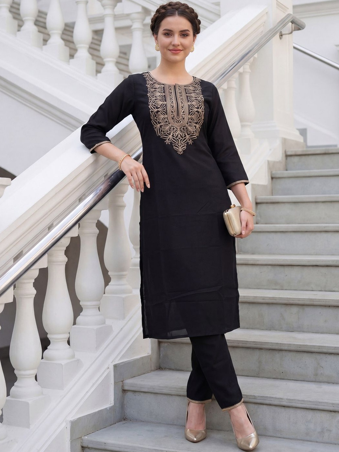 Indo Era Women Ethnic Motifs Embroidered Regular Thread Work Pure Cotton Kurta with Trousers
