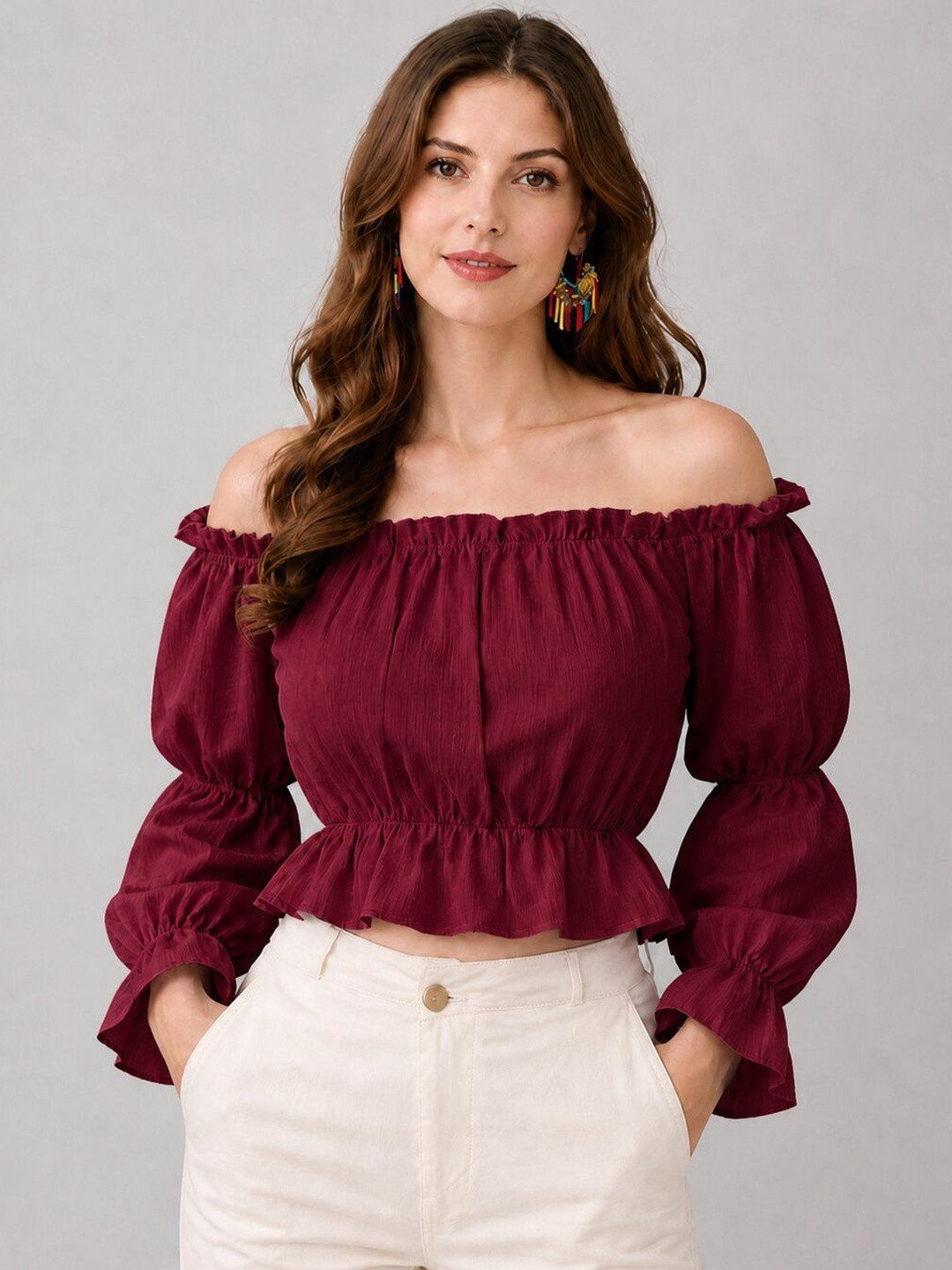KATLINE Off-Shoulder Puff Sleeve Ruffles Crop Top