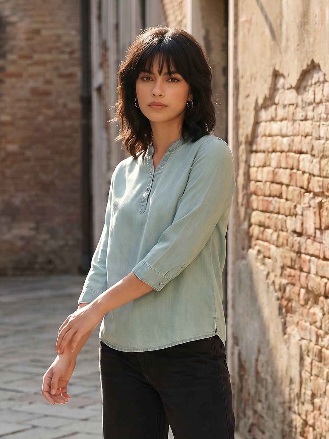 The Roadster Life Co. Mandarin Collar Denim Casual Top