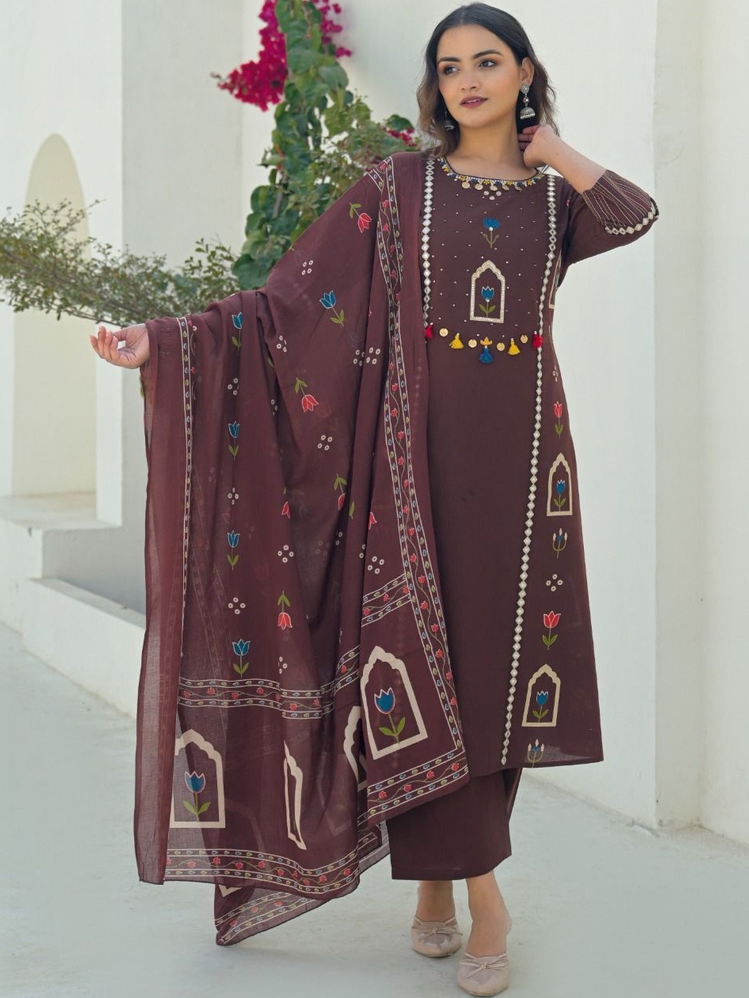Sangria Printed Cotton Round Neck Kurta & Trousers With Dupatta