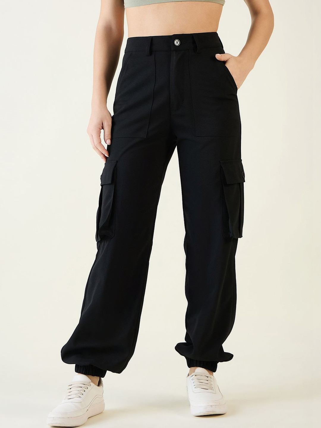 aayu Women Relaxed Loose Fit High-Rise Wrinkle Free Cargos Trousers