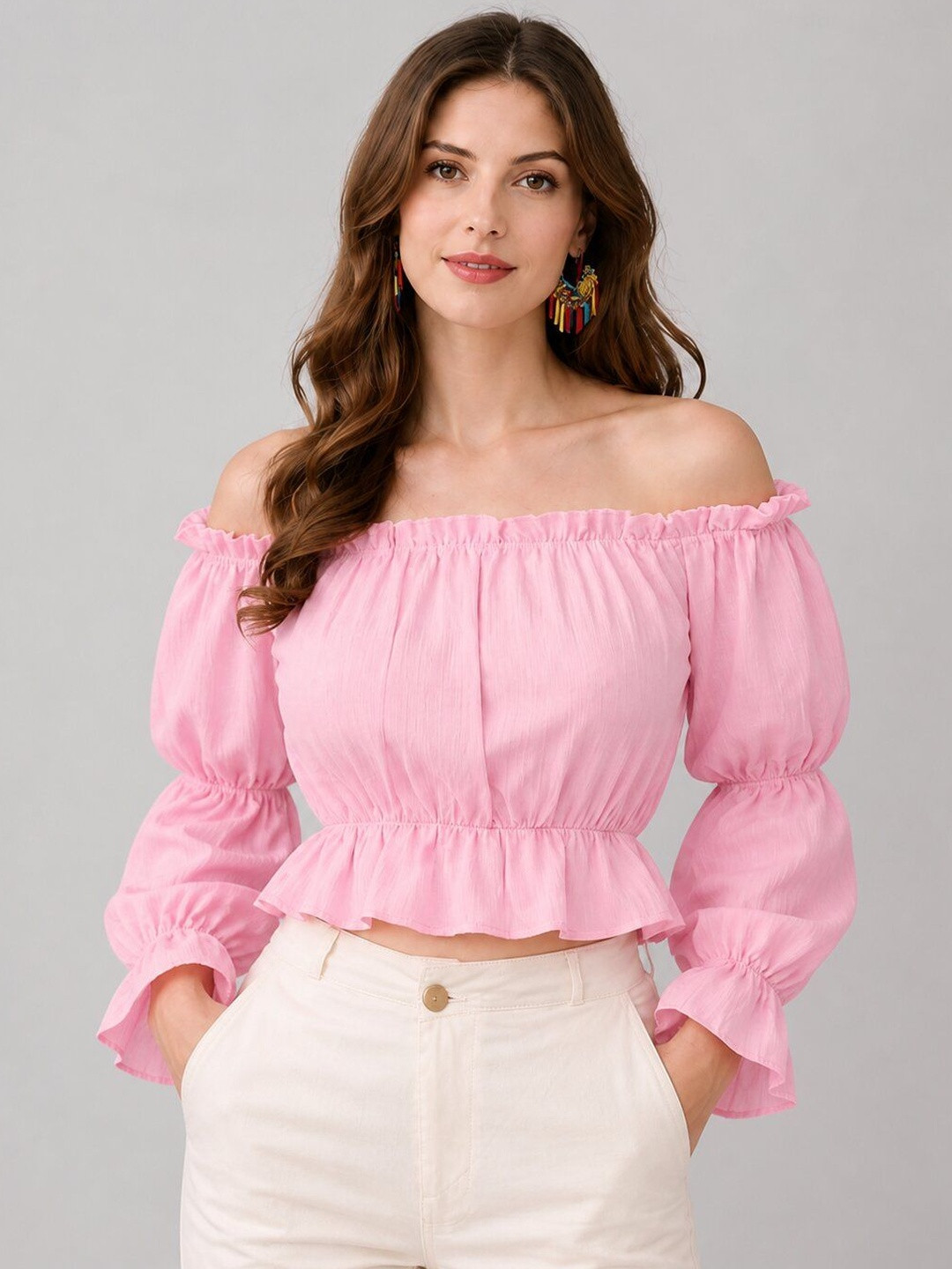 KATLINE Off-Shoulder Puff Sleeve Ruffles Crop Top