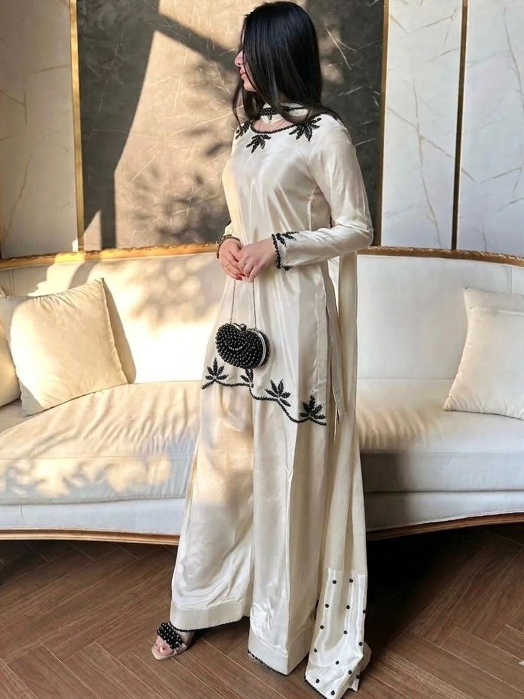 HERIN ENTERPRISE Women Ethnic Motifs Embroidered Regular Beads and Stones Silk Crepe Kurta with Palazzos &