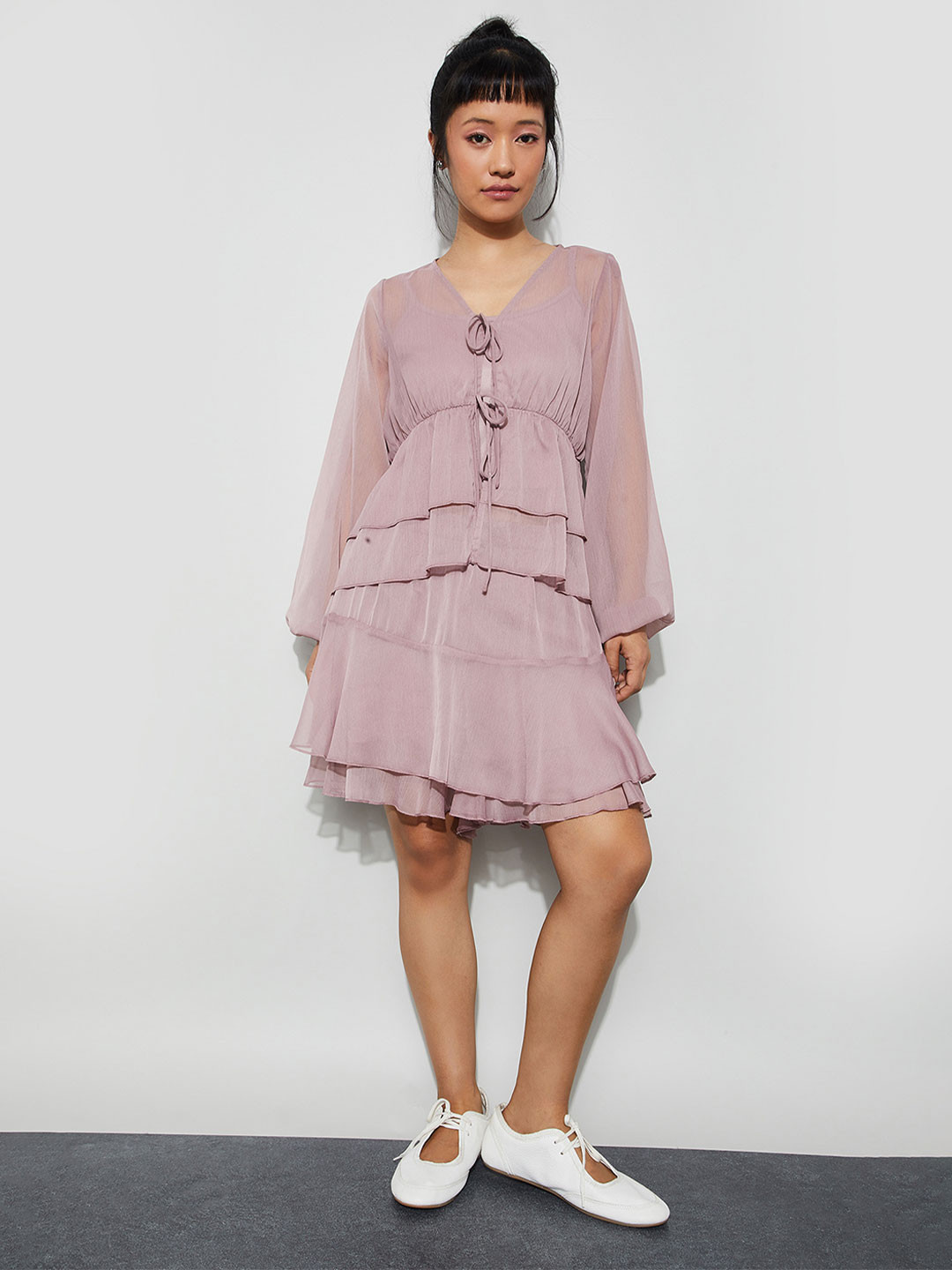 Ginger by Lifestyle Tie-Up Neck Bishop Sleeves Tiered Top