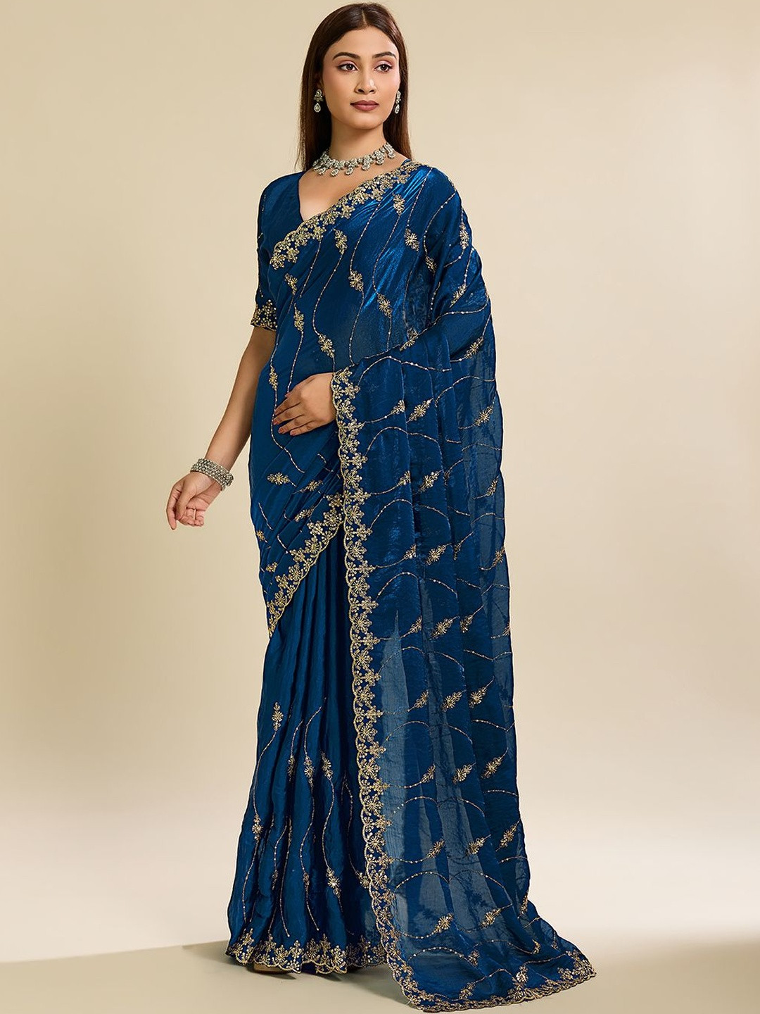 Elite Fashion Embellished Embroidered Satin Heavy Work Saree