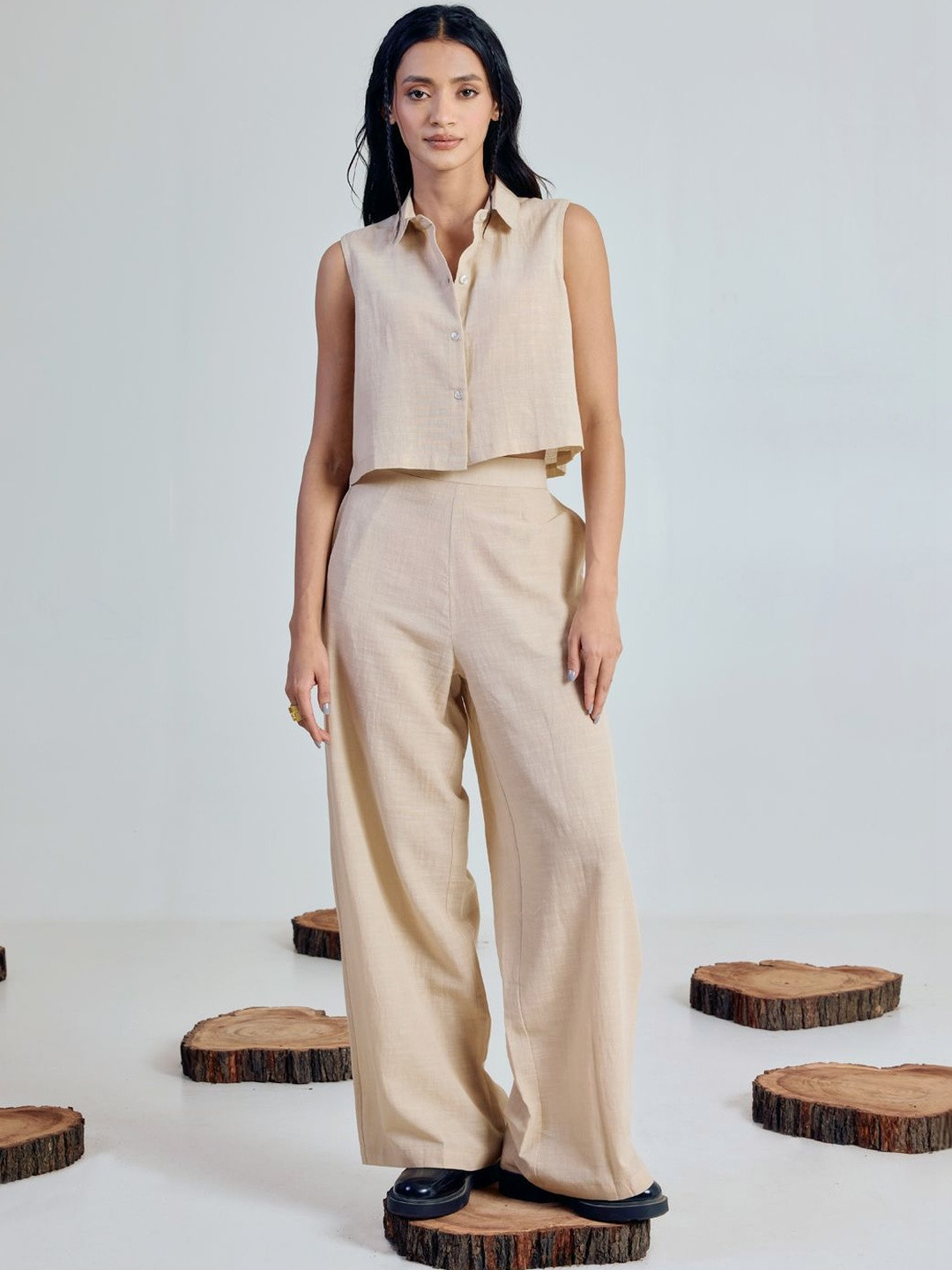 FIORRA Linen Solid Top with Trousers