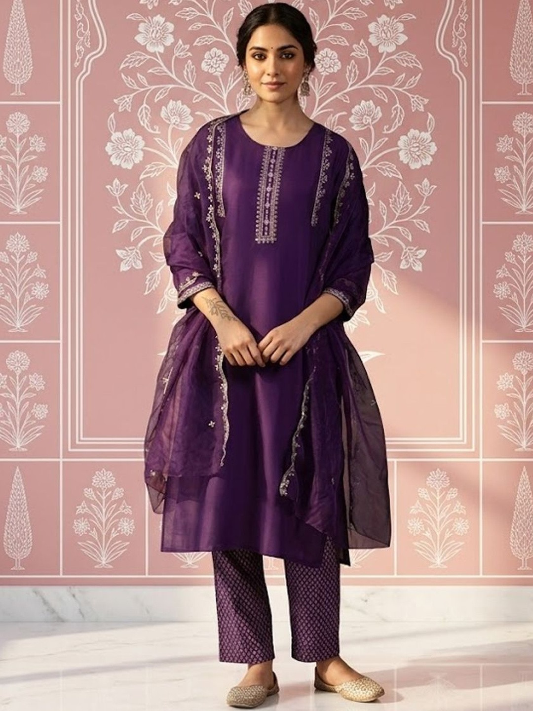 all about you Women Ethnic Motifs Embroidered Regular Thread Work Kurta with Trousers & With Dupatta