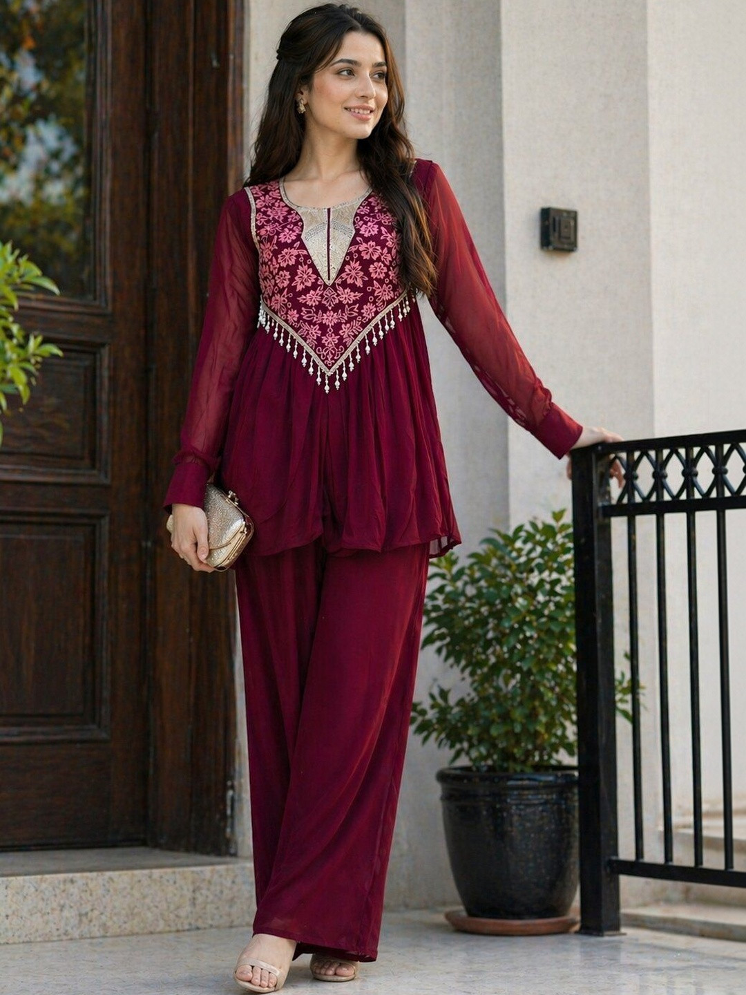 PRIMESKY Women Ethnic Motifs Embroidered Tiered Thread Work Silk Georgette Kurti with Palazzos