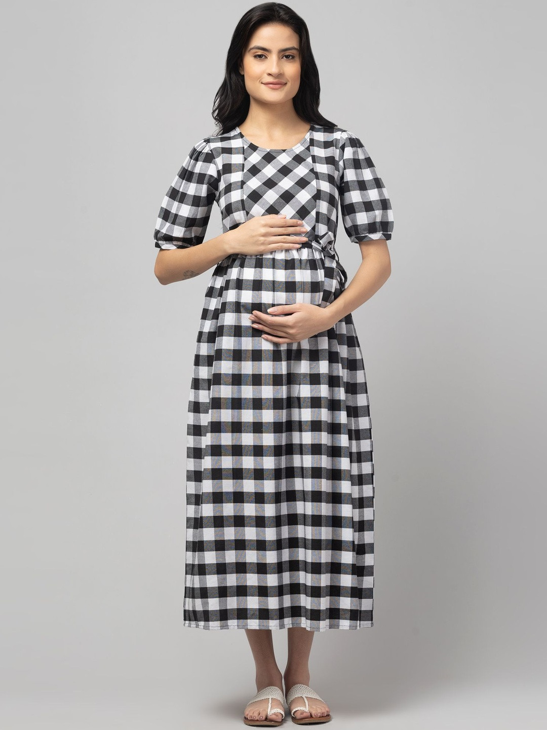 POIESIS Checked Puff Sleeve A-Line Midi Dress