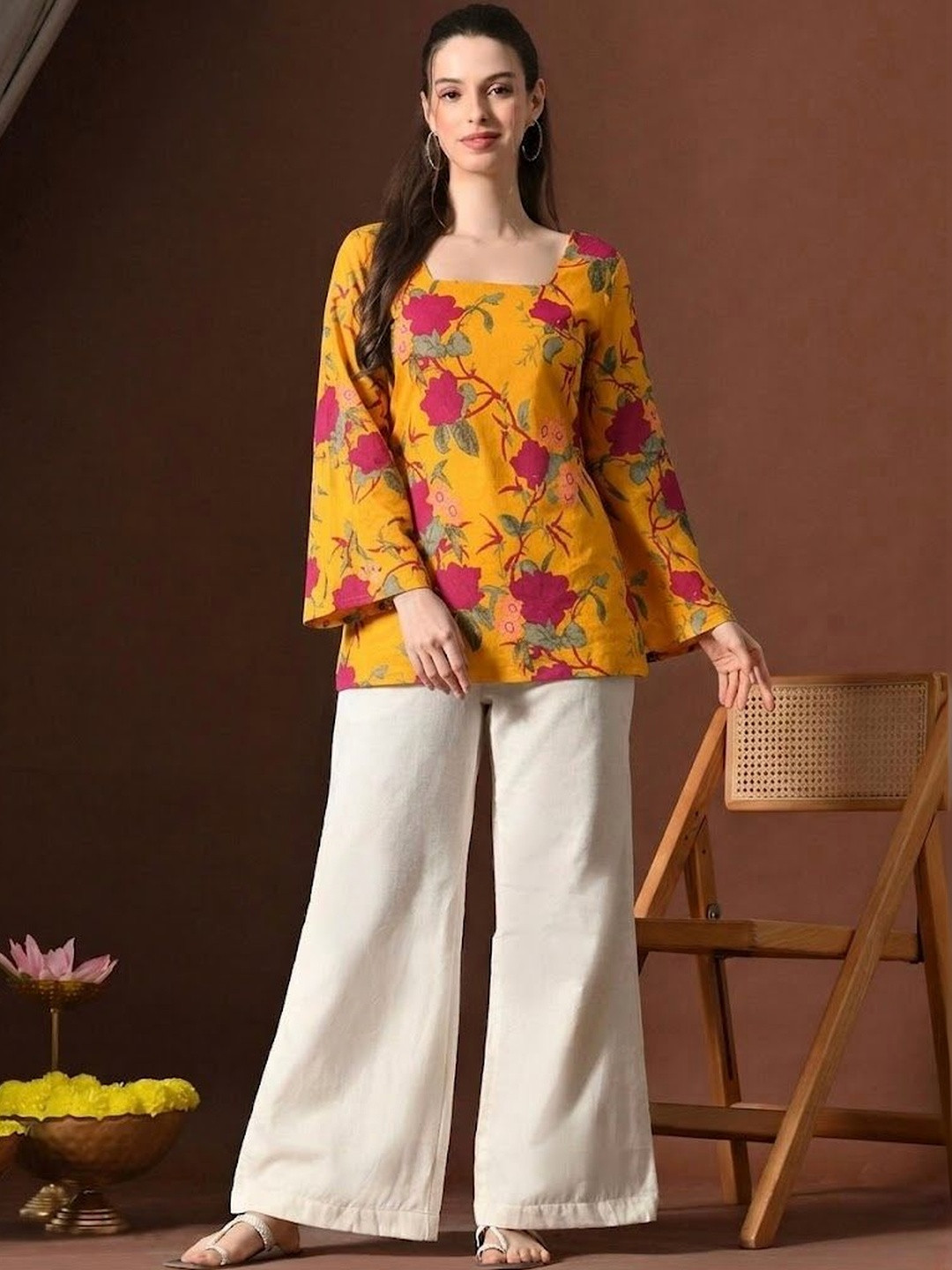ADYASAA THE LABEL Floral Printed Square Neck Flared Sleeves Pure Cotton Blend Kurti