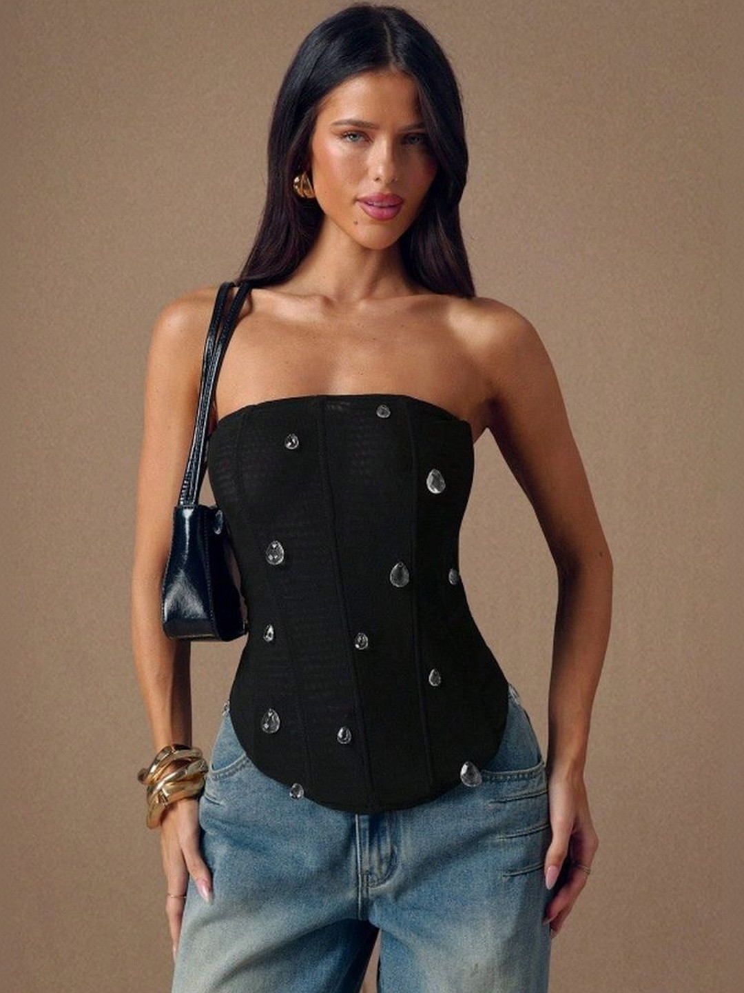LULU & SKY Black Strapless Embellished Corset Top