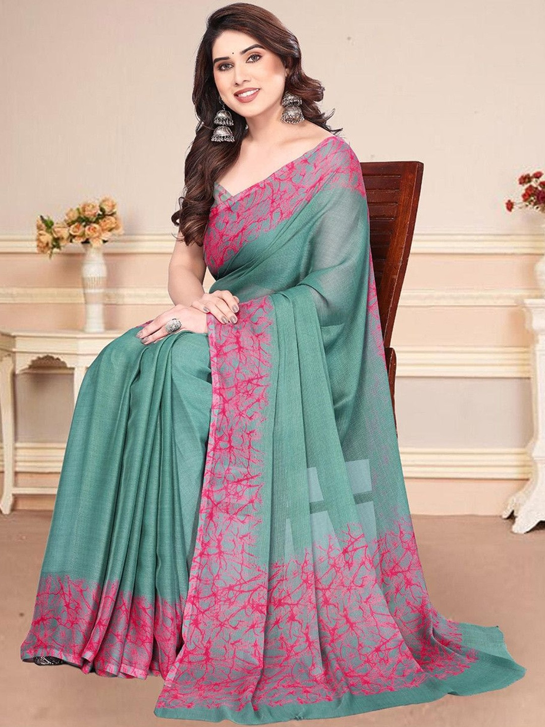 BilloRani Pure Chiffon Saree with Blouse Piece