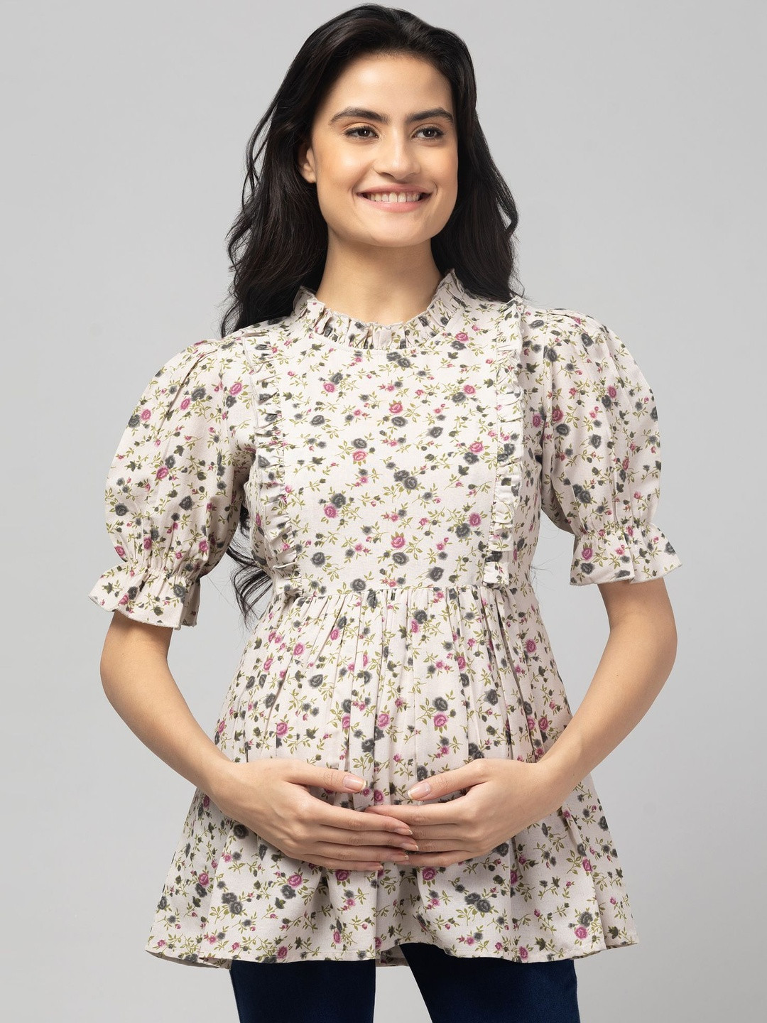 POIESIS Floral Print Puff Sleeve Ruffles Top