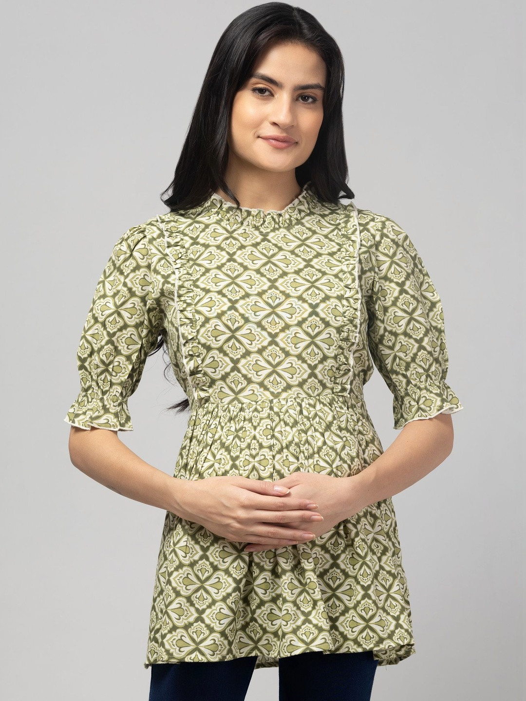 POIESIS Print Puff Sleeve Ruffles Ethnic Top