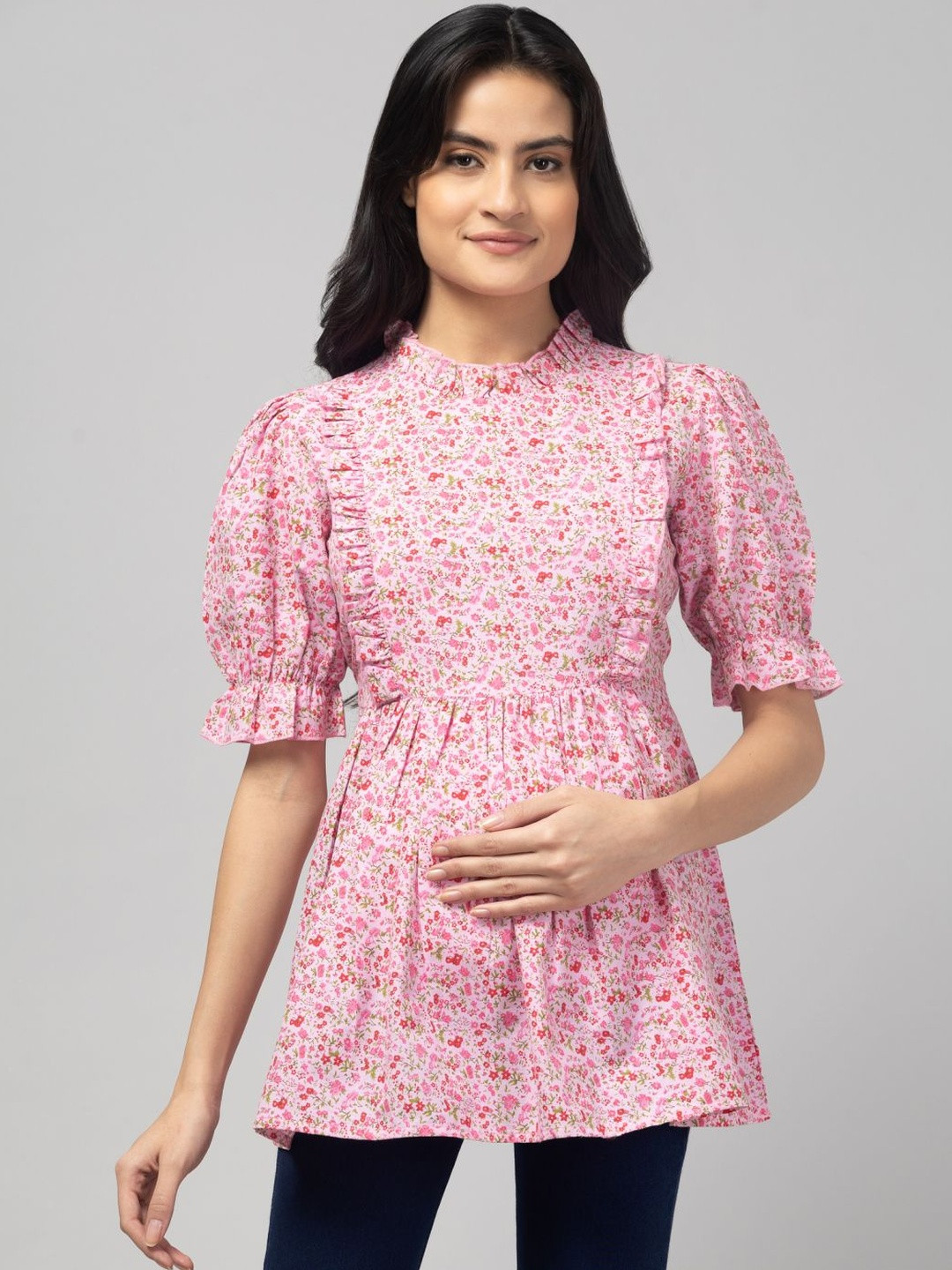 POIESIS Floral Print Mandarin Collar Puff Sleeve Ruffles Peplum Longline Top