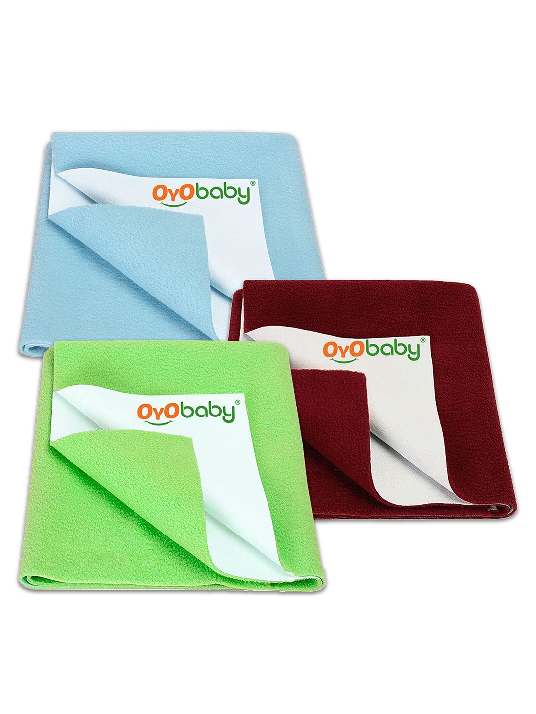 OyO Baby Pack of 3 Sea Blue Maroon & Light Green Dry Sheet 70x50 cm