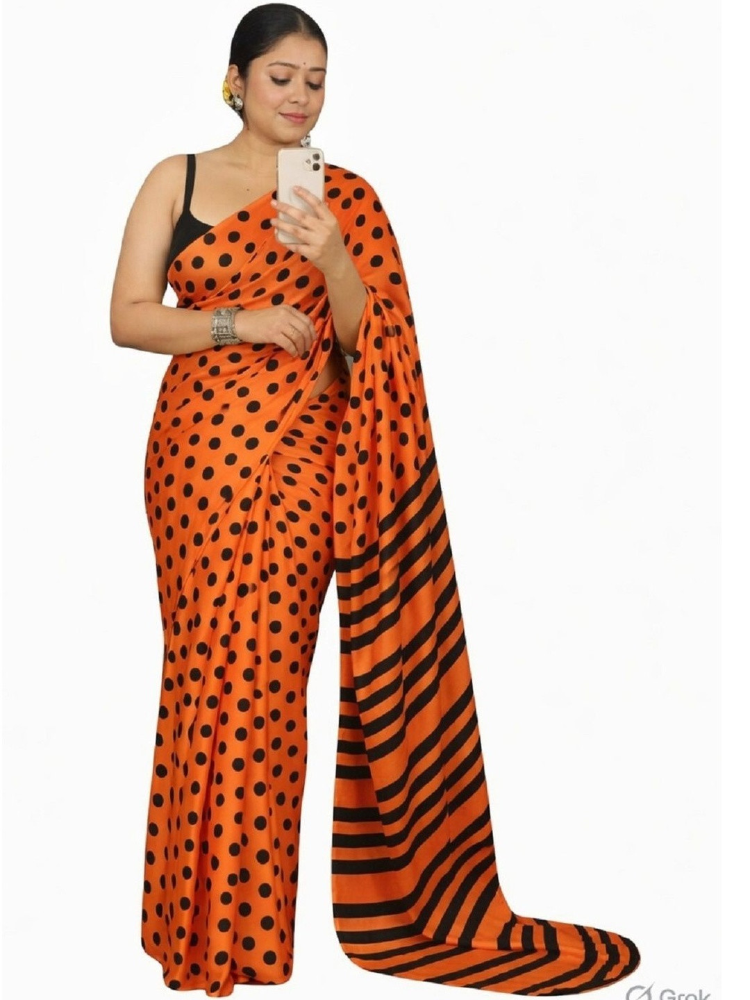 KOMAL NX Polka Dot Printed Silk Crepe Saree With Unstitched Blouse Piece