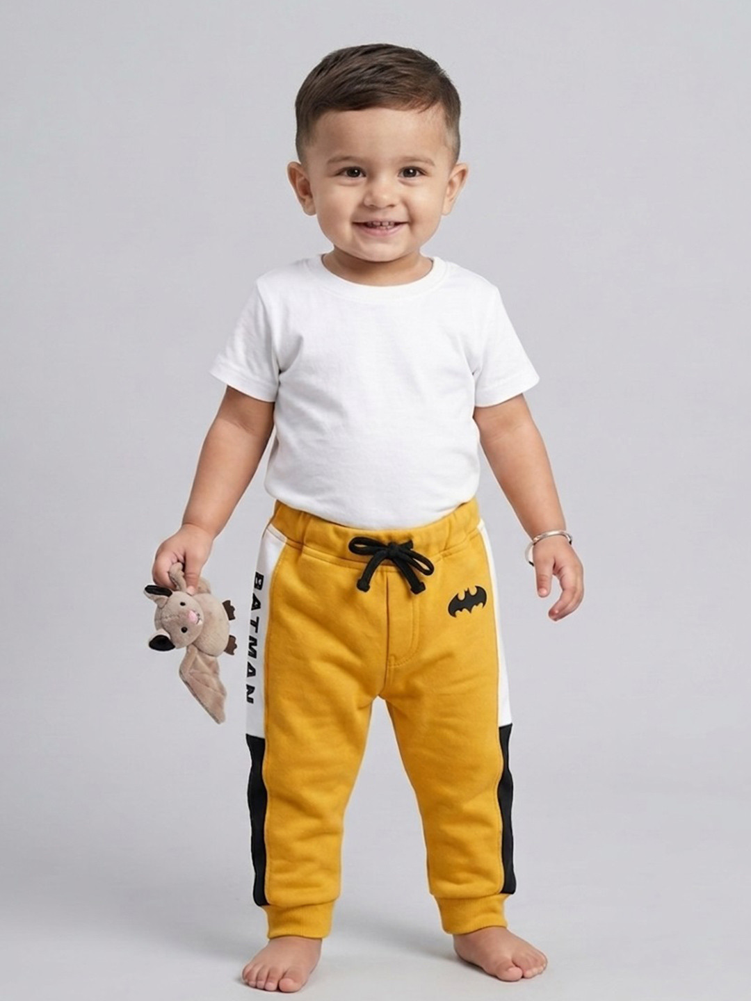 Moms Love Infant Boys Yellow & Black Pure Cotton Joggers with Batman Print Detail
