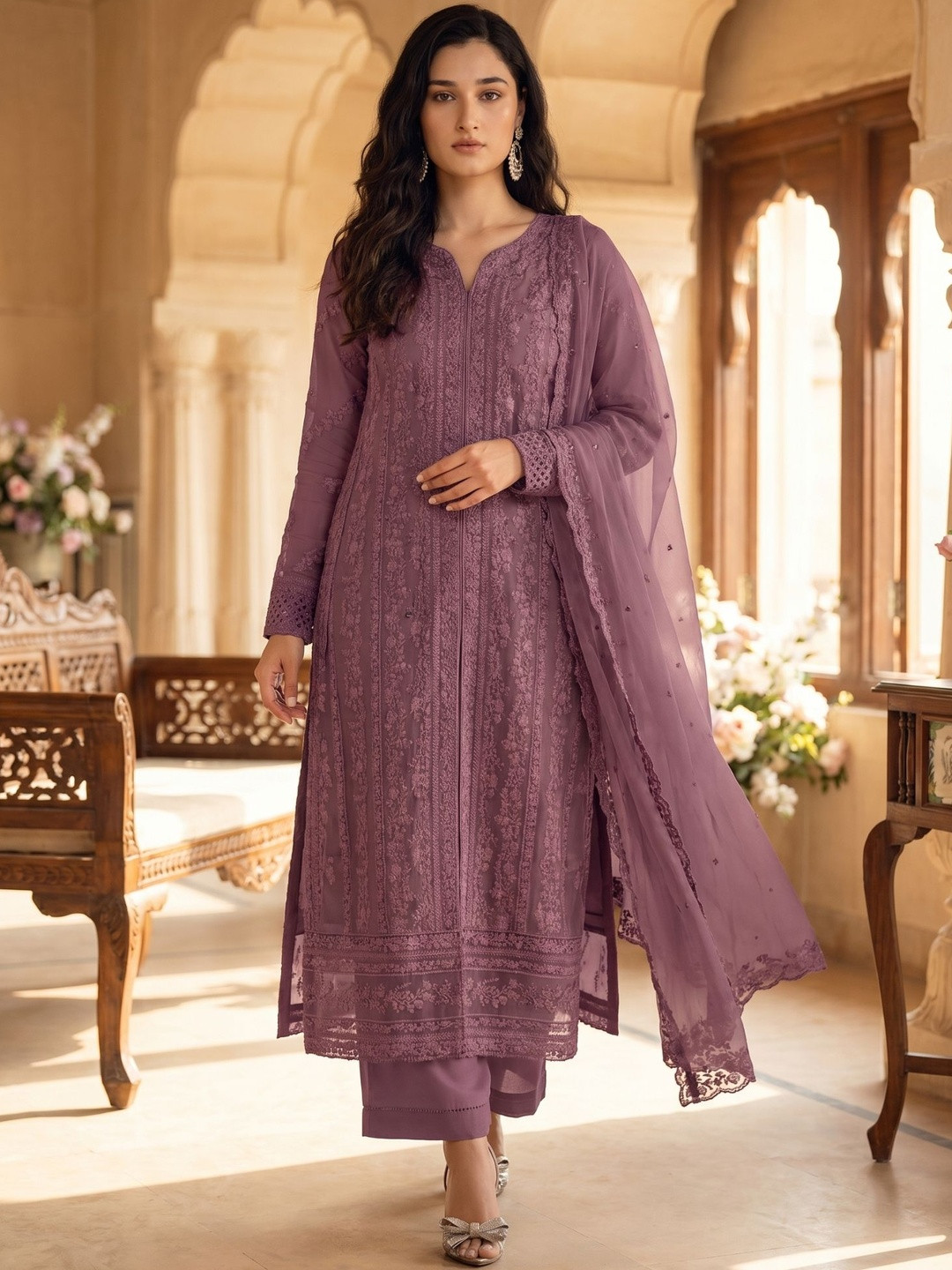 RUDRAPRAYAG Women Ethnic Motifs Embroidered Regular Thread Work Silk Georgette Kurta with Trousers & With
