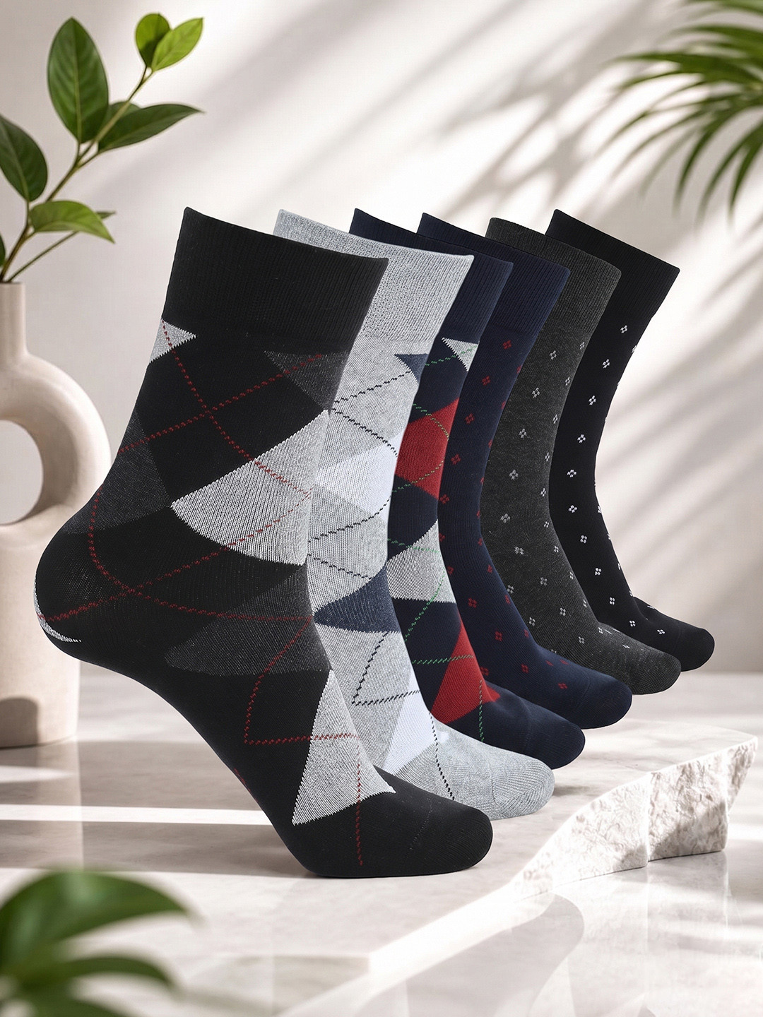 CRUSSET Men Pack of 6 Men Assorted Patterned Calf Length Formal Socks