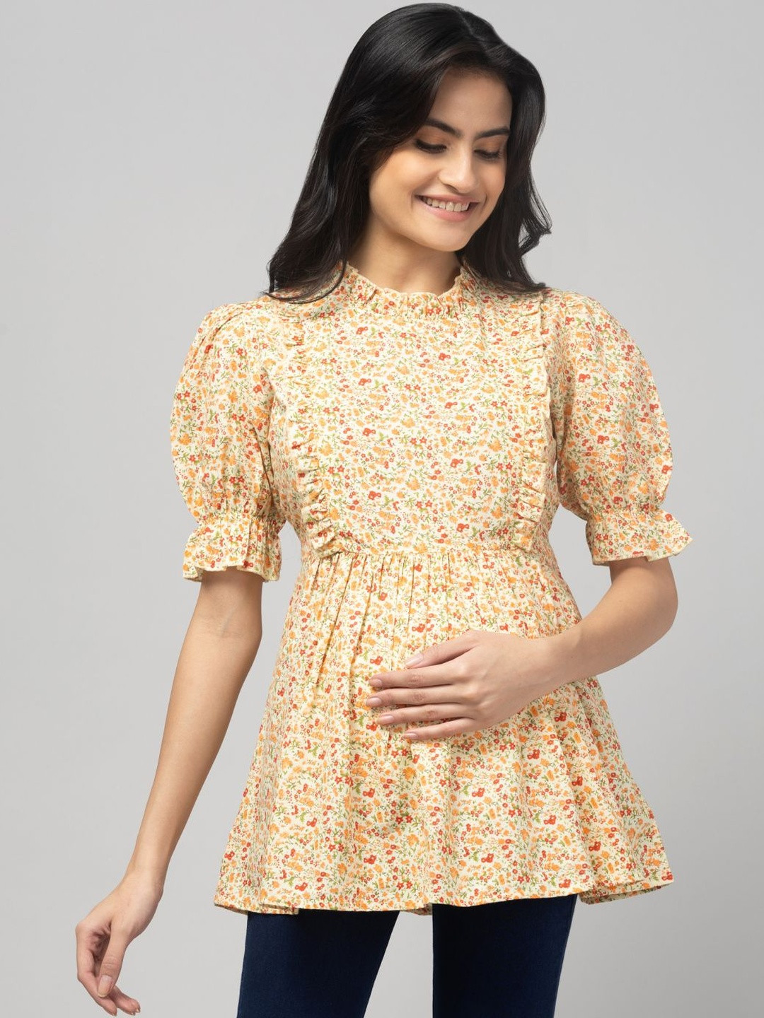 POIESIS Floral Print Puff Sleeve Ruffles Top