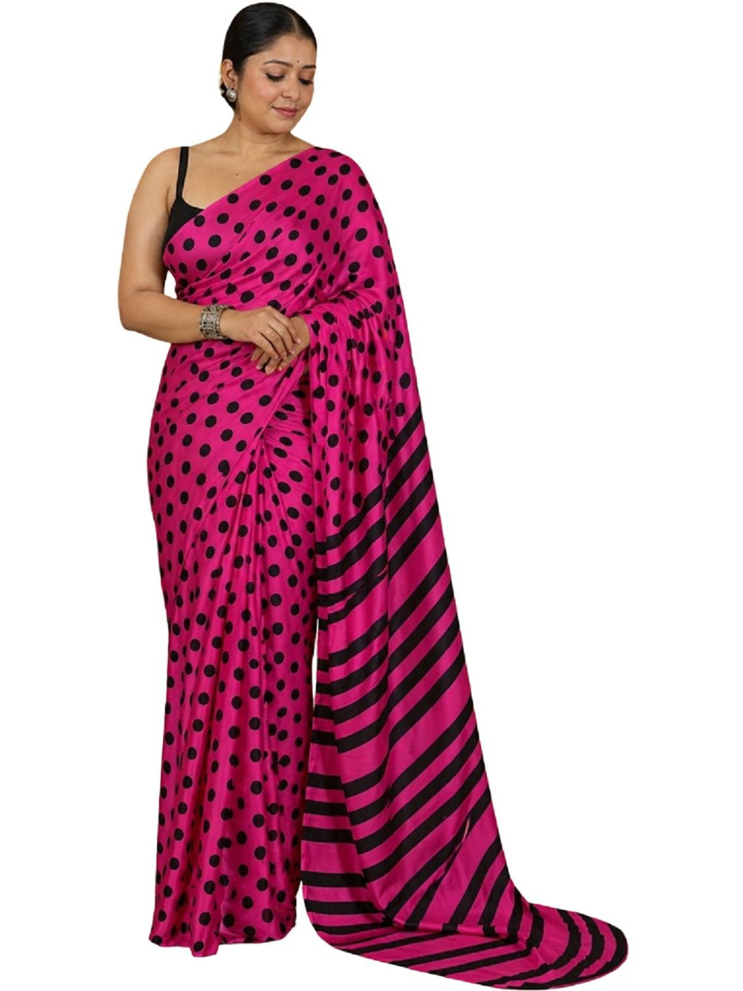 KOMAL NX Polka Dot Printed Silk Crepe Saree With Unstitched Blouse Piece