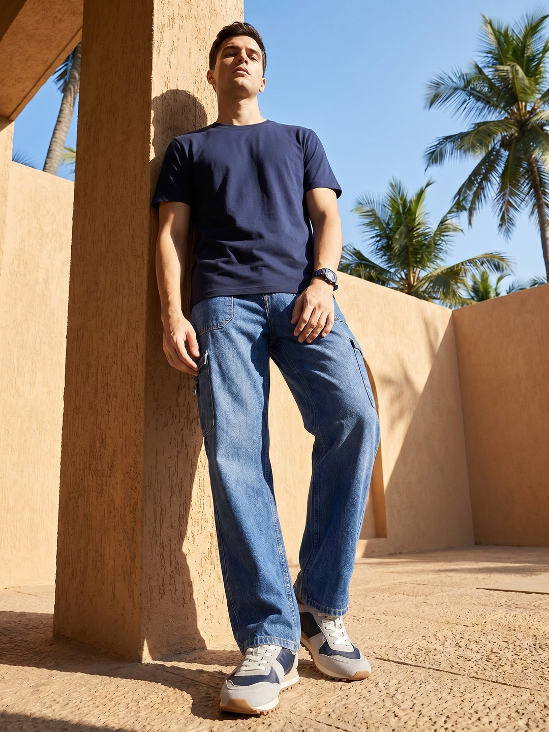 Mast & Harbour Men Relaxed Fit Cargo Pure Cotton Jeans