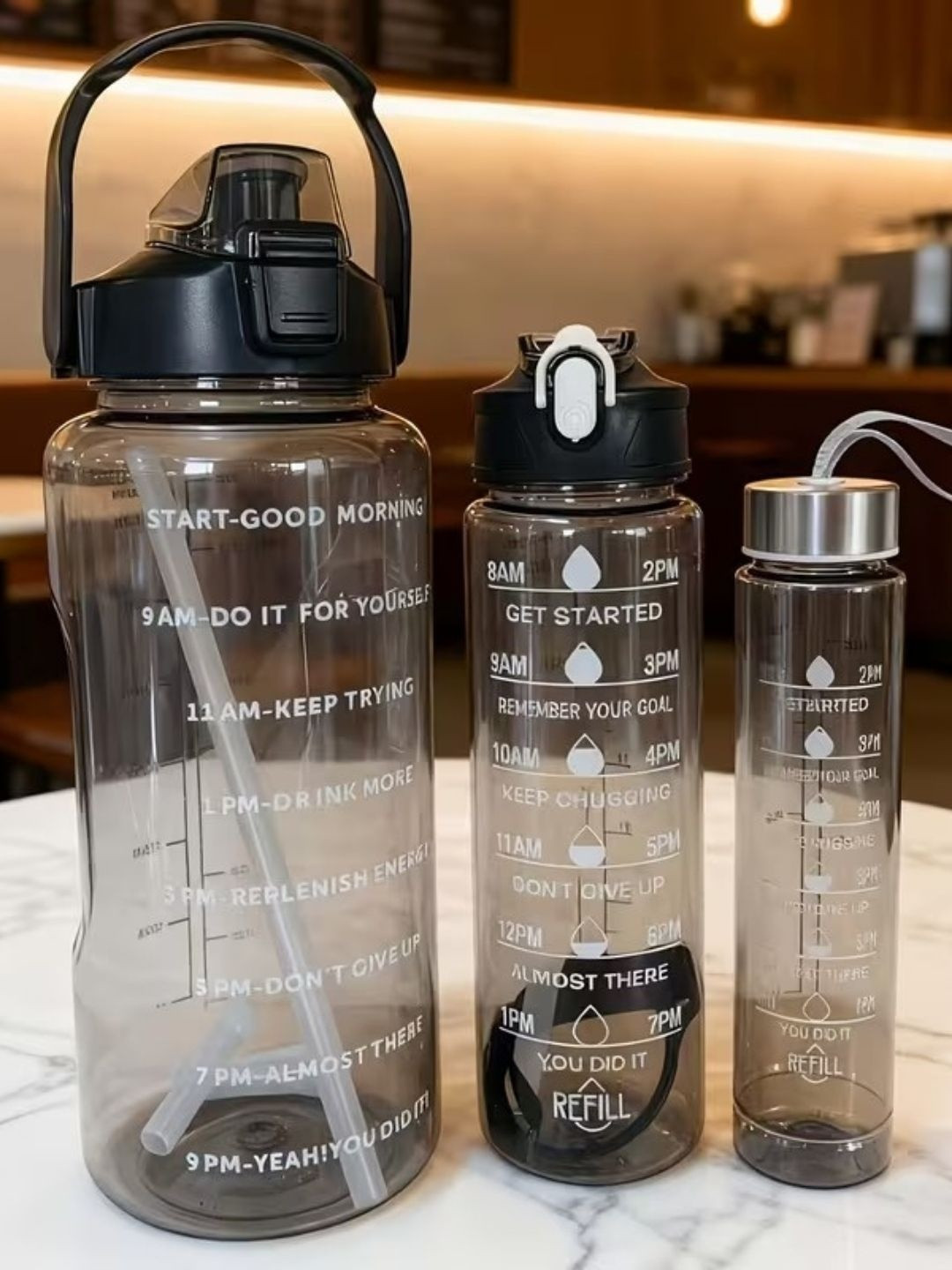 Myntra Elegant Homes Set of 3 Black Airtight Plastic Water Bottle 3000 ml 900 ml 300 ml