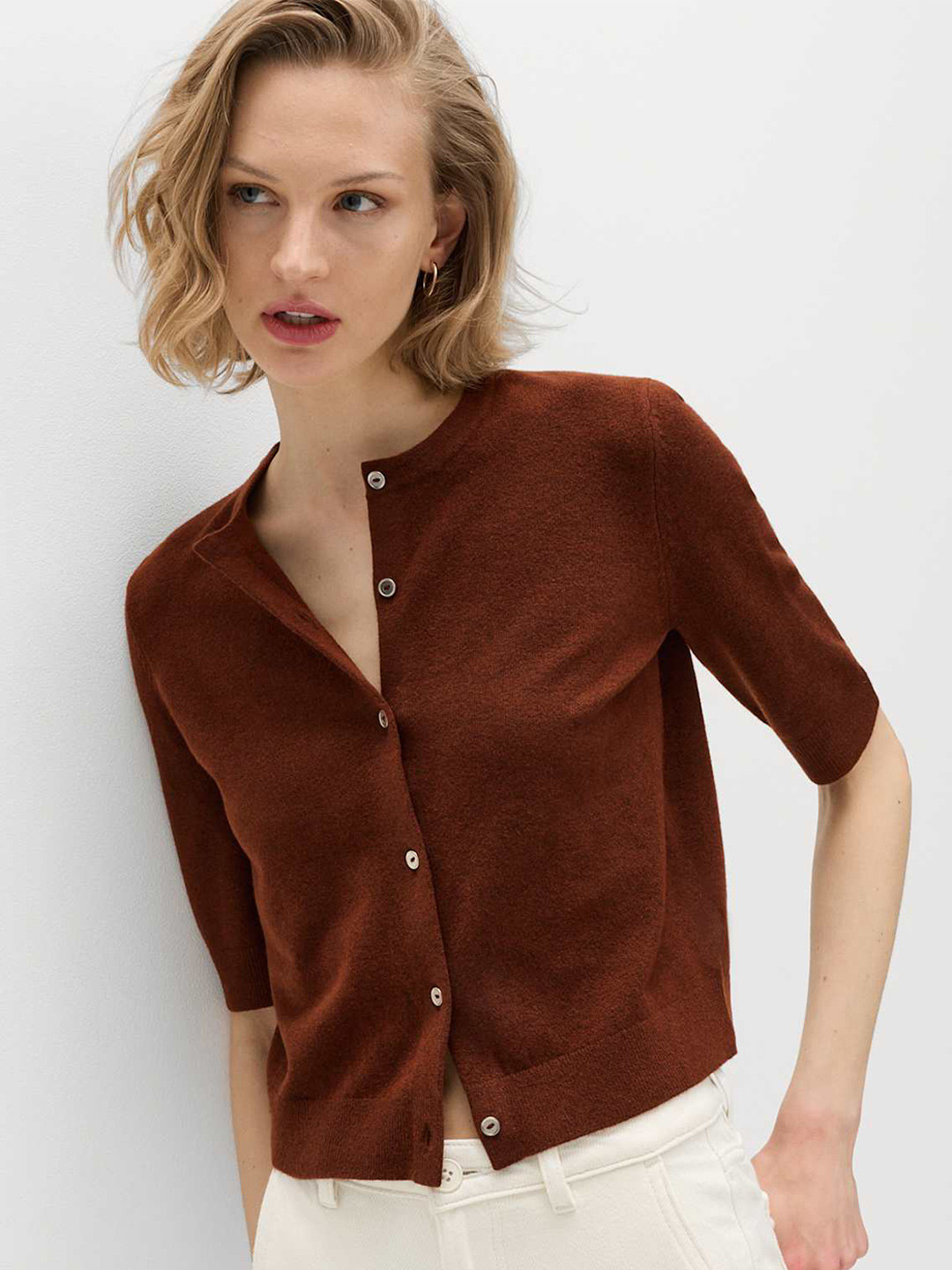 Marks & Spencer Solid Brown Polyester Regular Fit Cardigan
