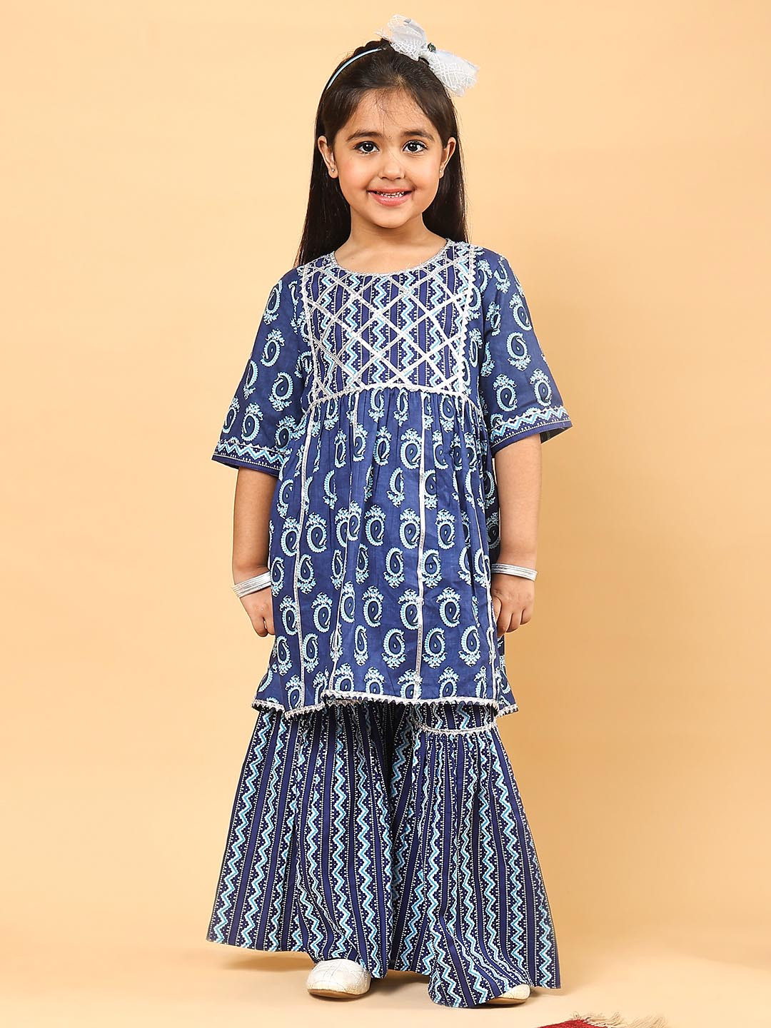 Superminis Girls Paisley Printed Gotta Patti A-Line Pure Cotton Kurta with Sharara