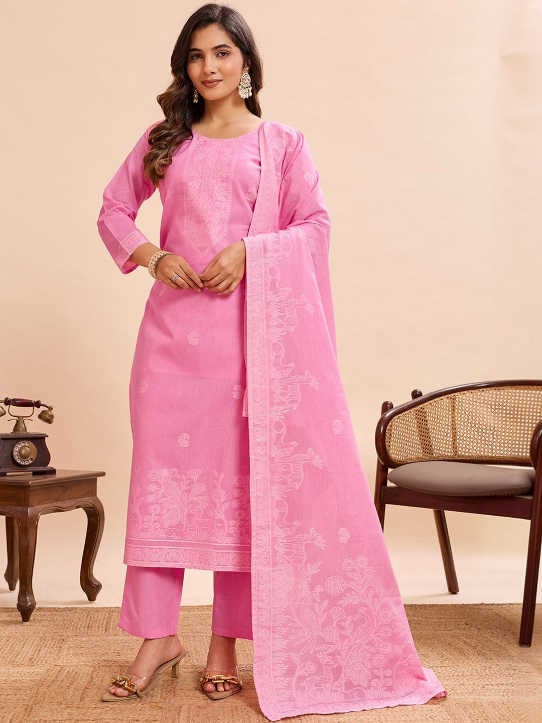 all about you Women Ethnic Motifs Embroidered Regular Thread Work Pure Cotton Kurta with Trousers & With