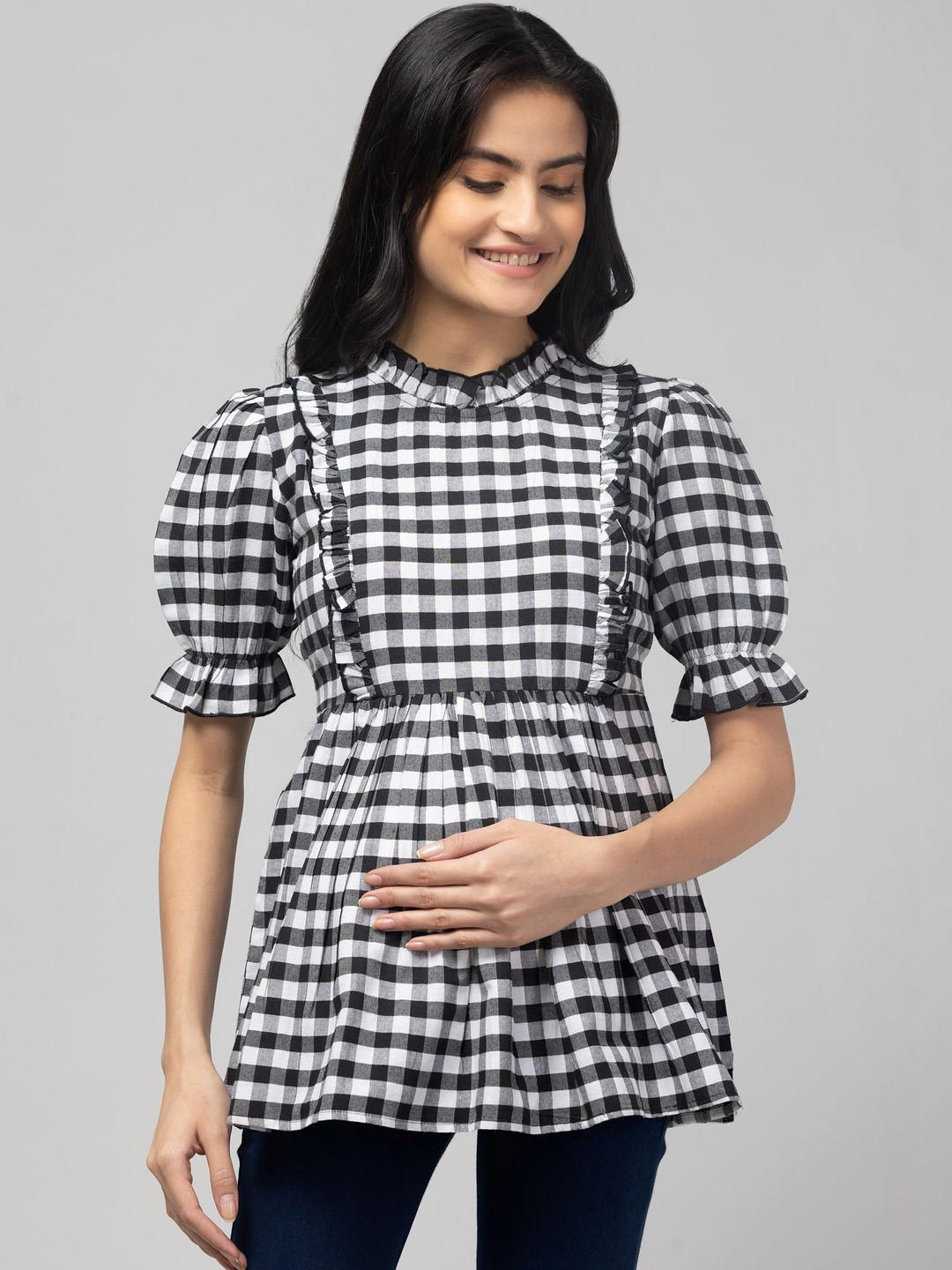 POIESIS Checked Puff Sleeve Ruffles Monochrome Top