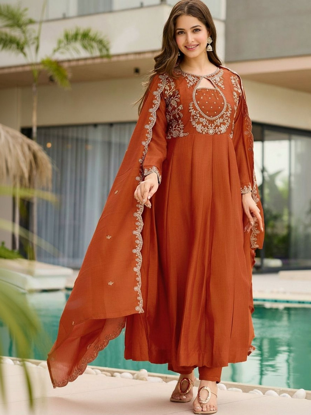 AWRIYA Women Ethnic Motifs Embroidered Panelled Thread Work Silk Georgette Kurta with Trousers & With Dupatta