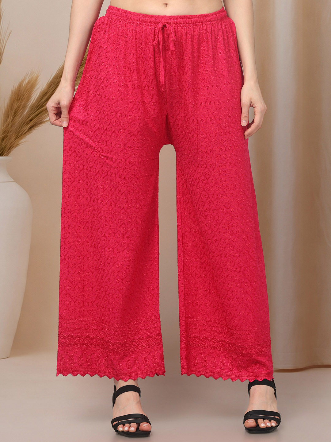 KGFONECLOTH Women Embroidered Knitted Ethnic Palazzos