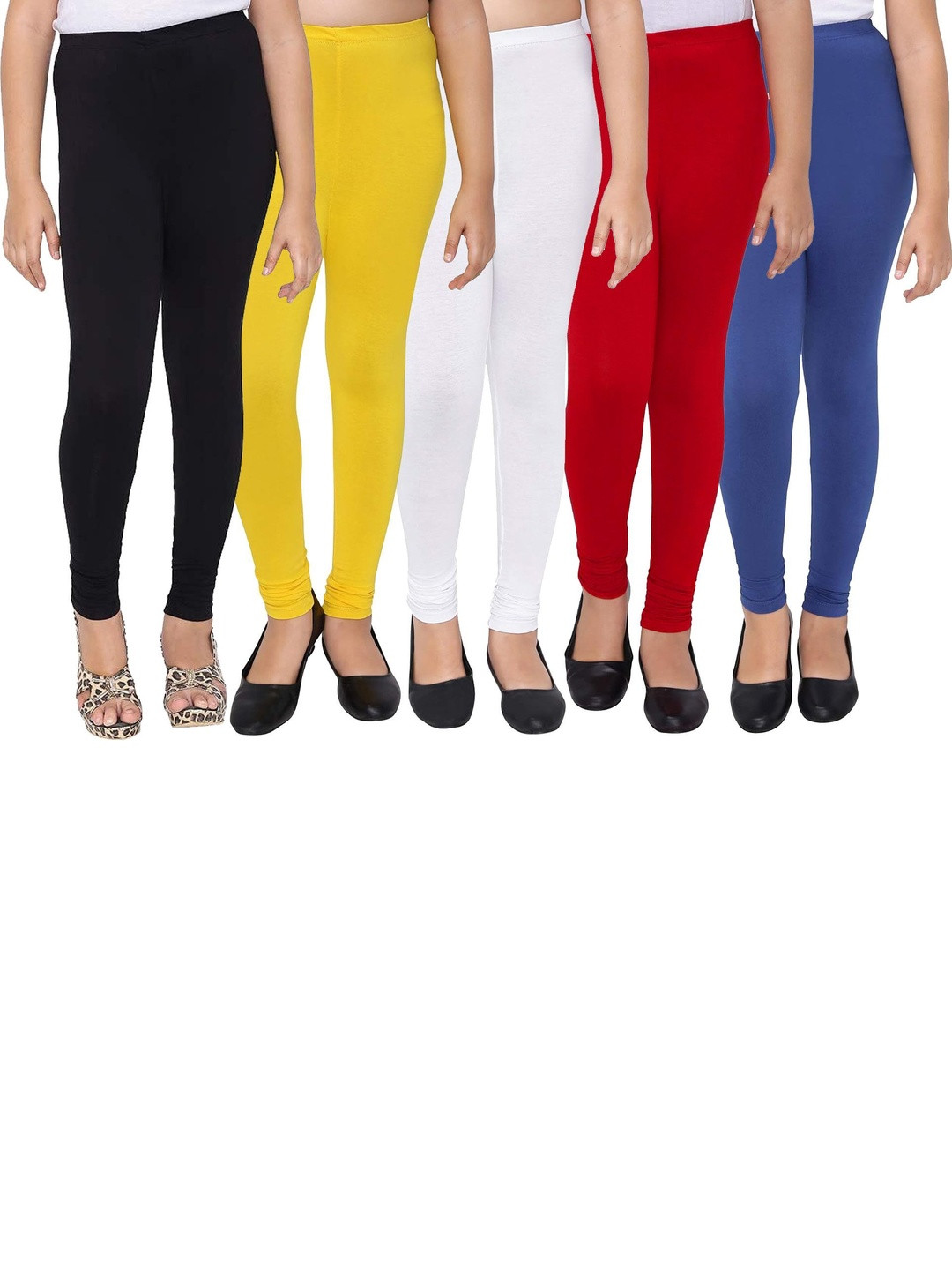 Kranberiie Girls Pack of 5 Cotton Blend Solid Churidar Length Leggings