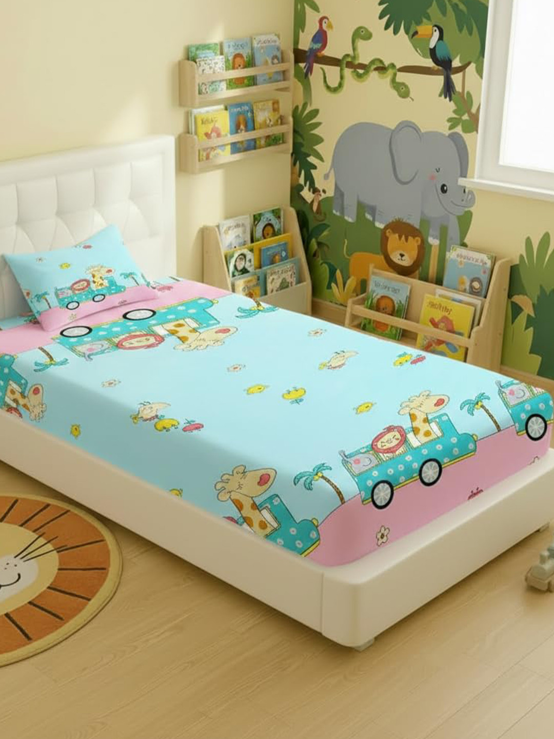 Filymore Blue Cartoon Characters Single Bedsheet with 1 Pillow Covers