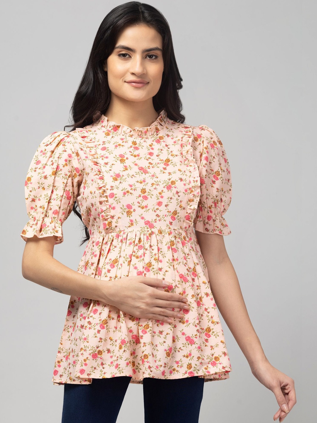POIESIS Floral Print Mandarin Collar Puff Sleeve Ruffles Peplum Longline Top