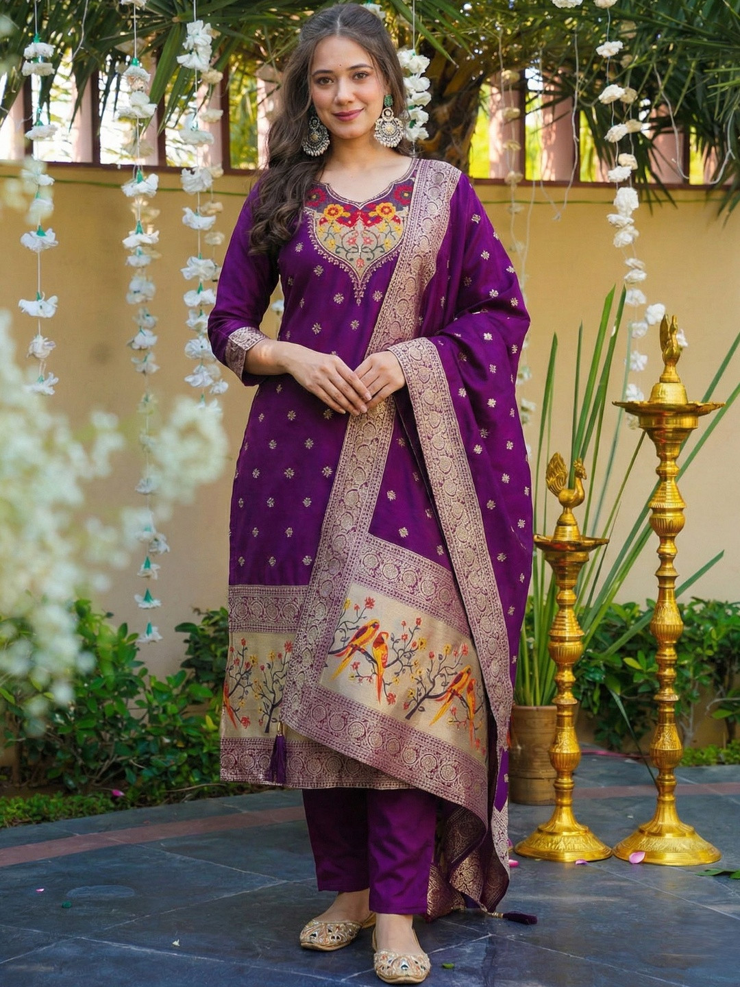 all about you Women Ethnic Motifs Regular Thread Work Pure Cotton Kurta with Trousers & With Dupatta