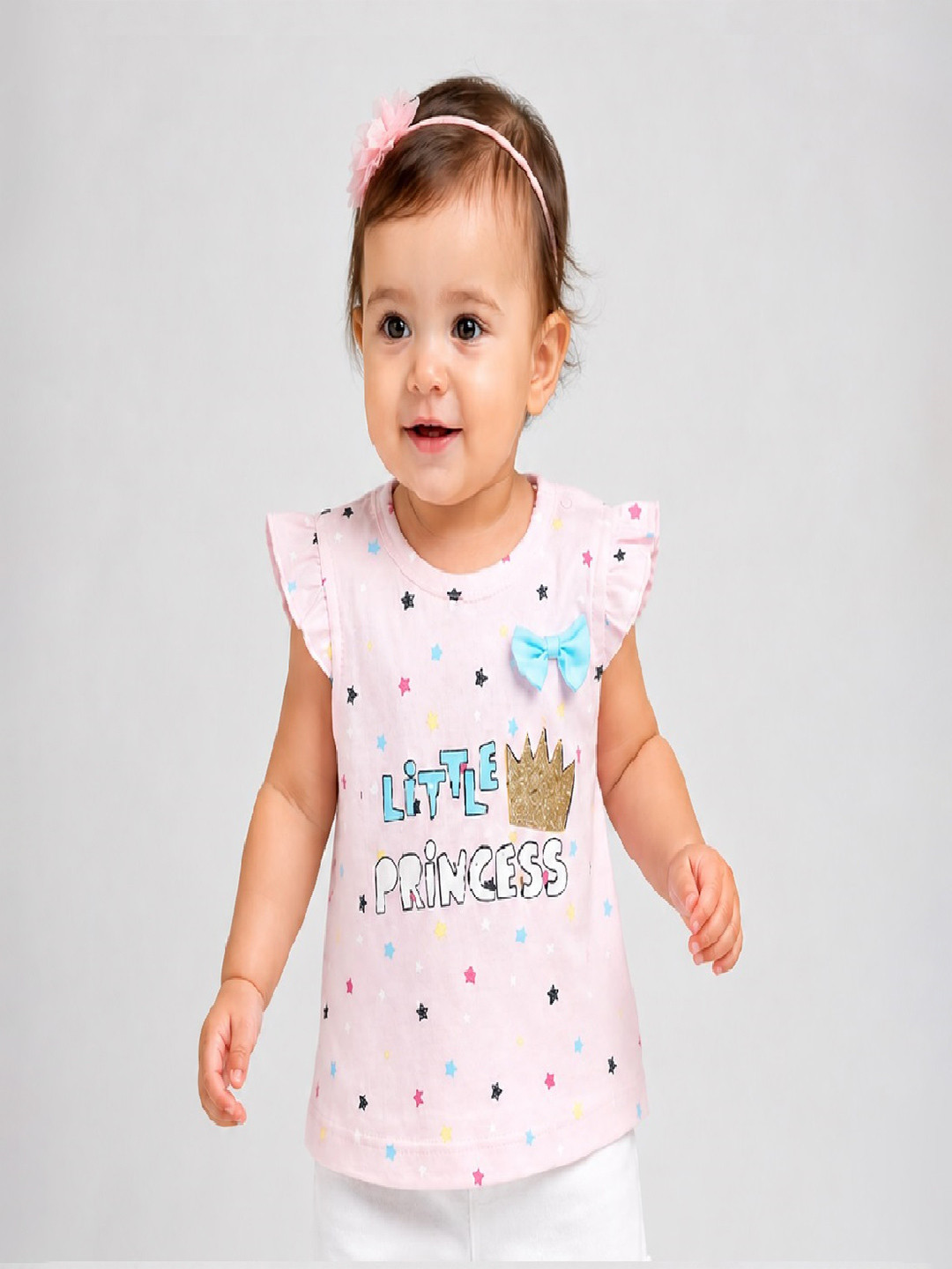 Moms Love Infant Girls Pink & Black Star Print Round Neck Pure Cotton Top