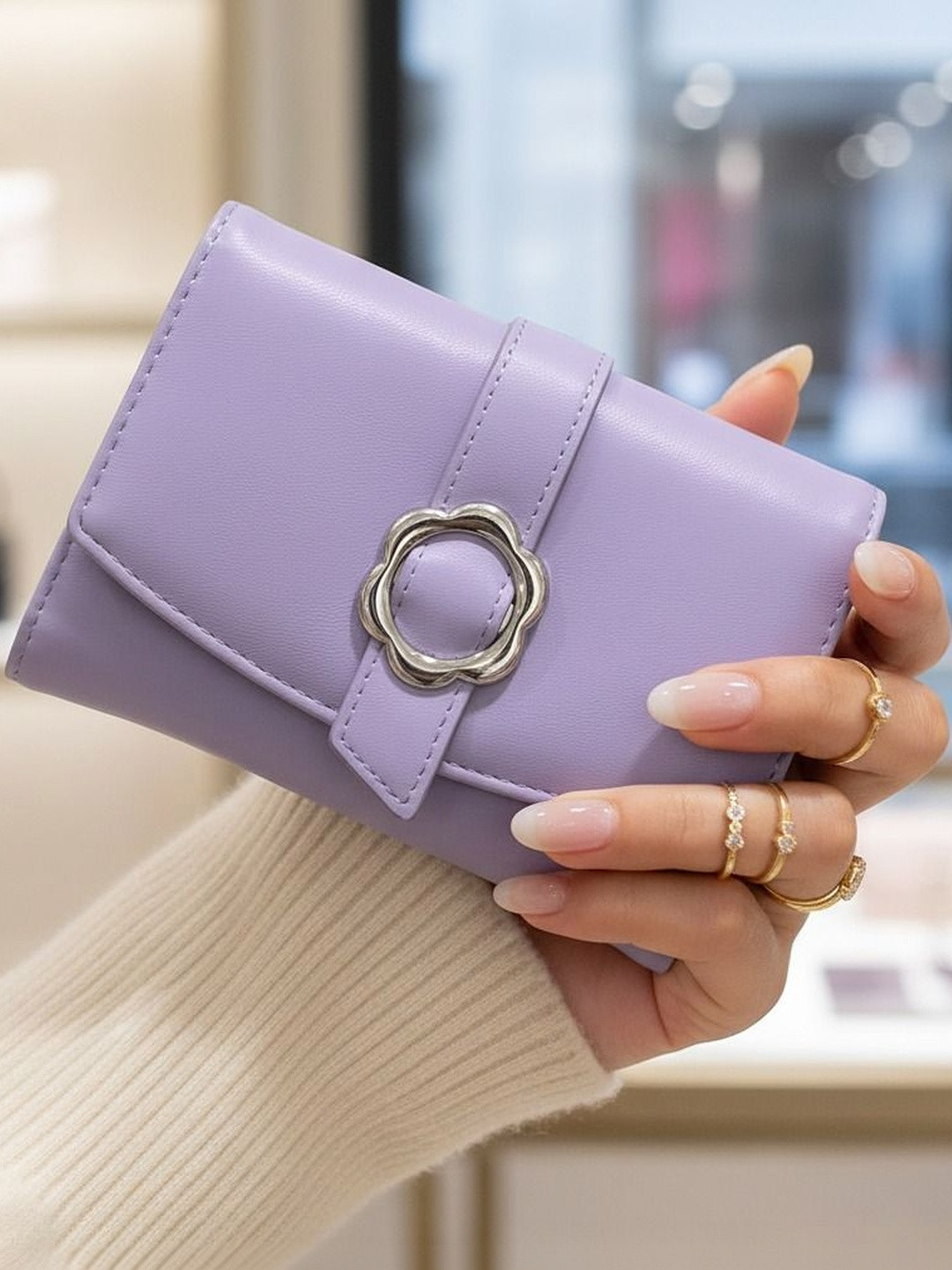GLOSSY Women Buckle Detail PU Three Fold Wallet