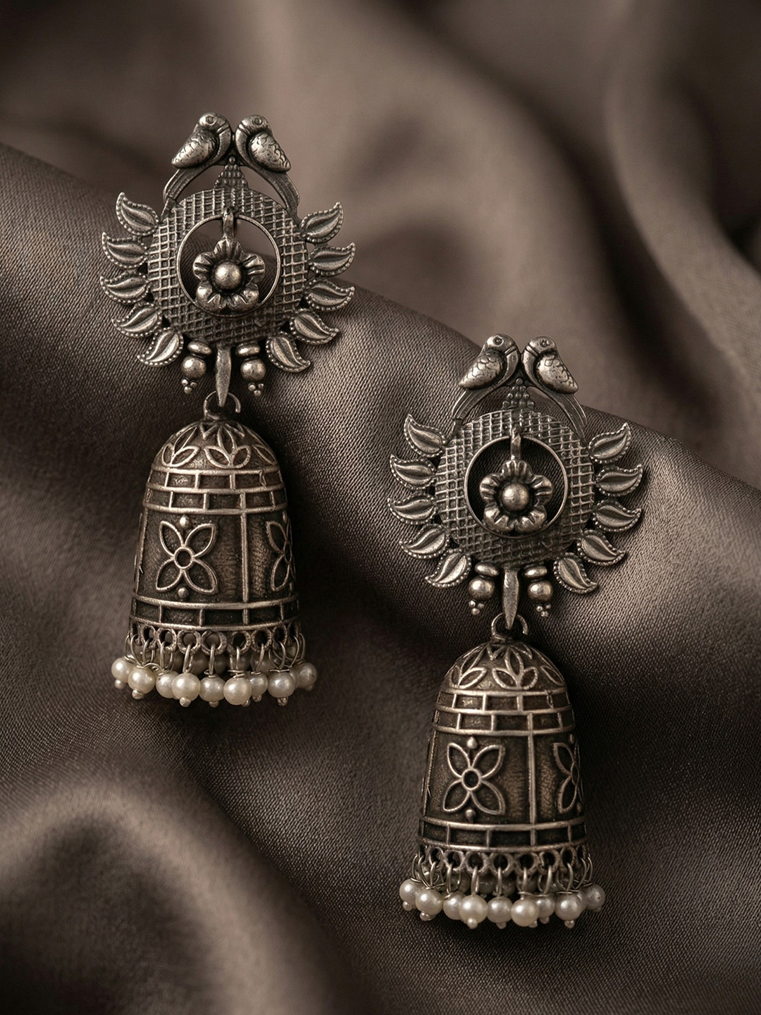Adwitiya Collection Silver-Plated Oxidised Dome Shaped Jhumkas