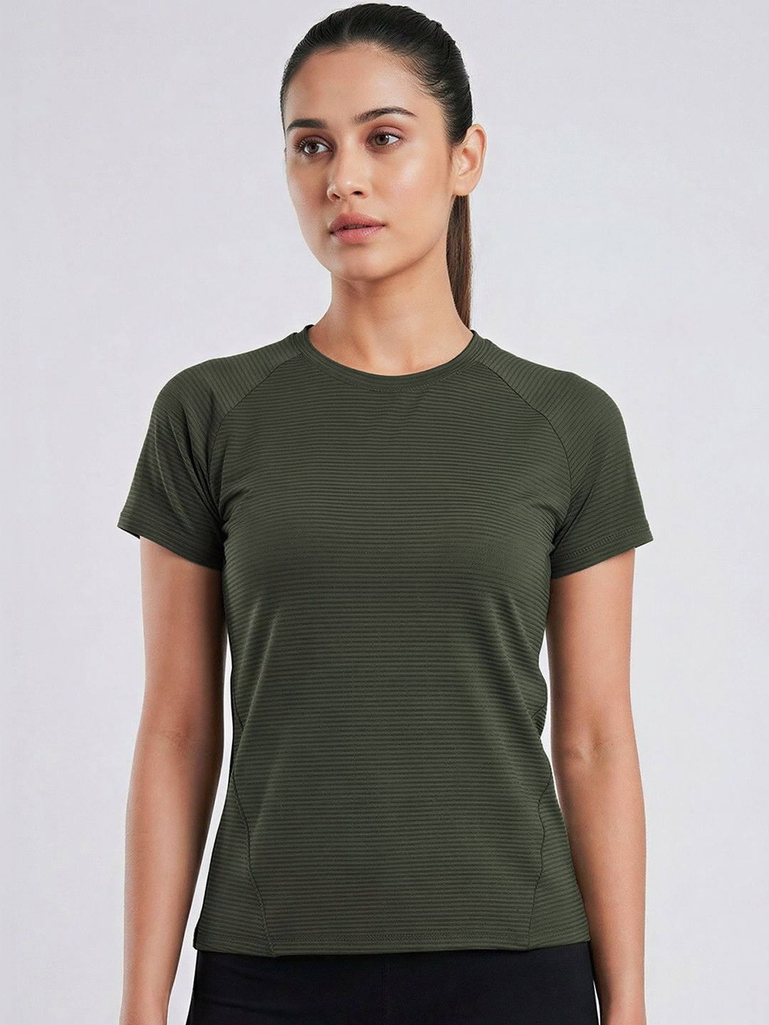 Fitkin Women Military Green Self-Stripe Round Neck Short Sleeves Training T-Shirt