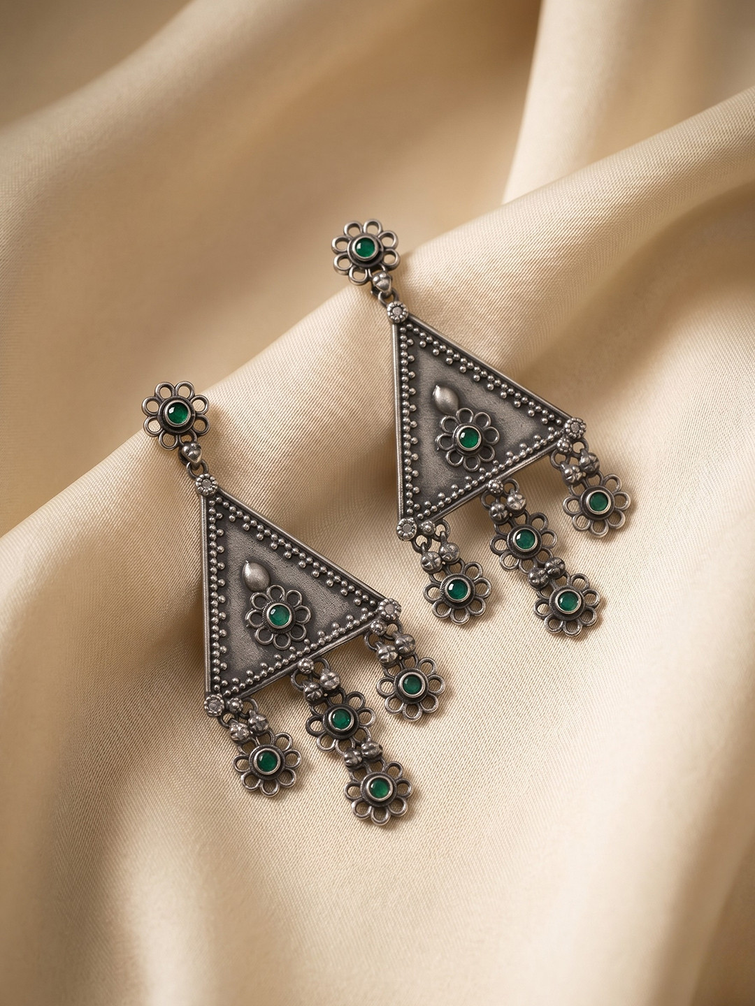 Adwitiya Collection Silver-Toned Green Stone-Studded Geometric Tribal Drop Earrings
