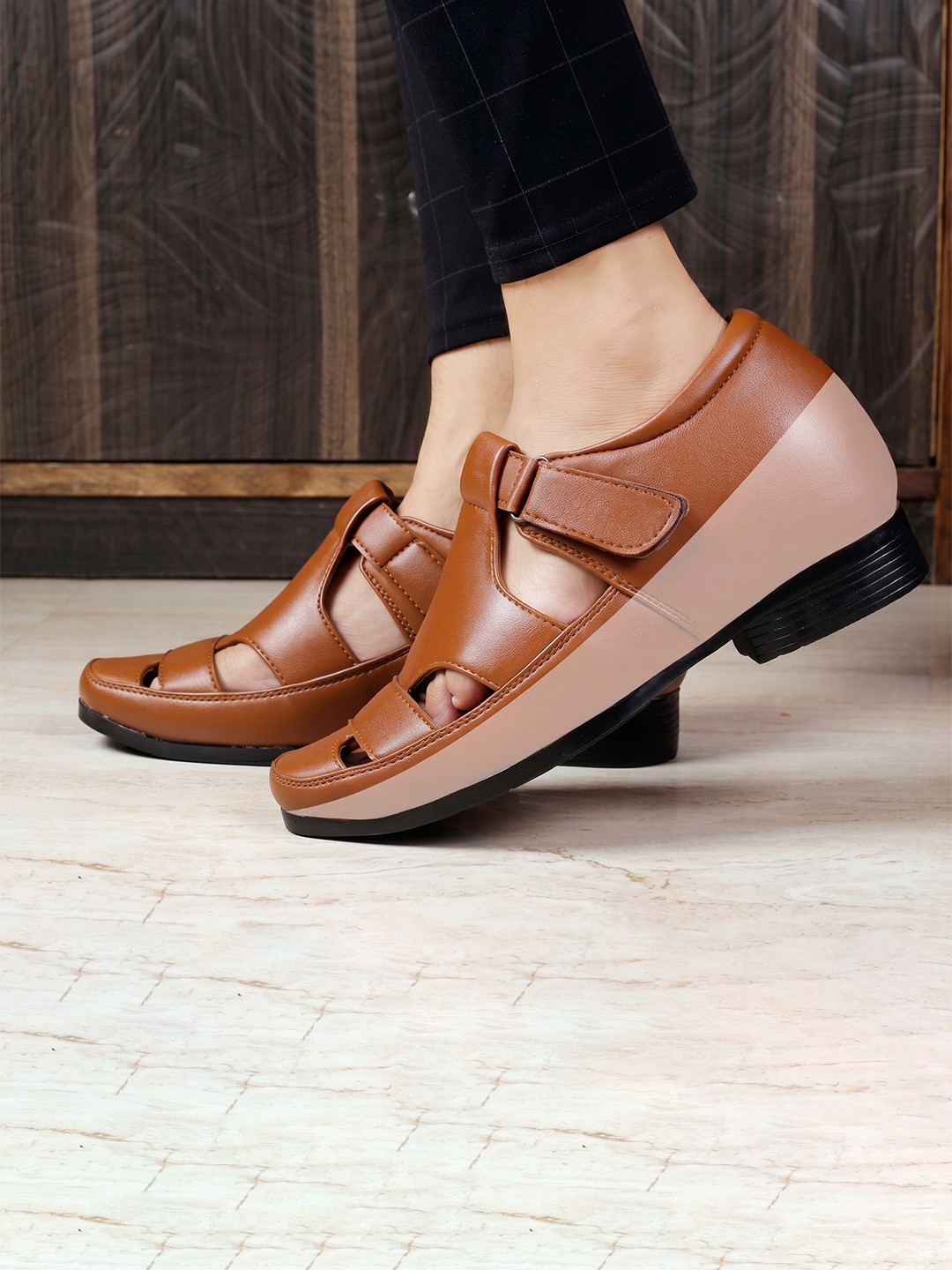 Bxxy Men Hidden Height Increasing Velcro Strap Closure Sandals