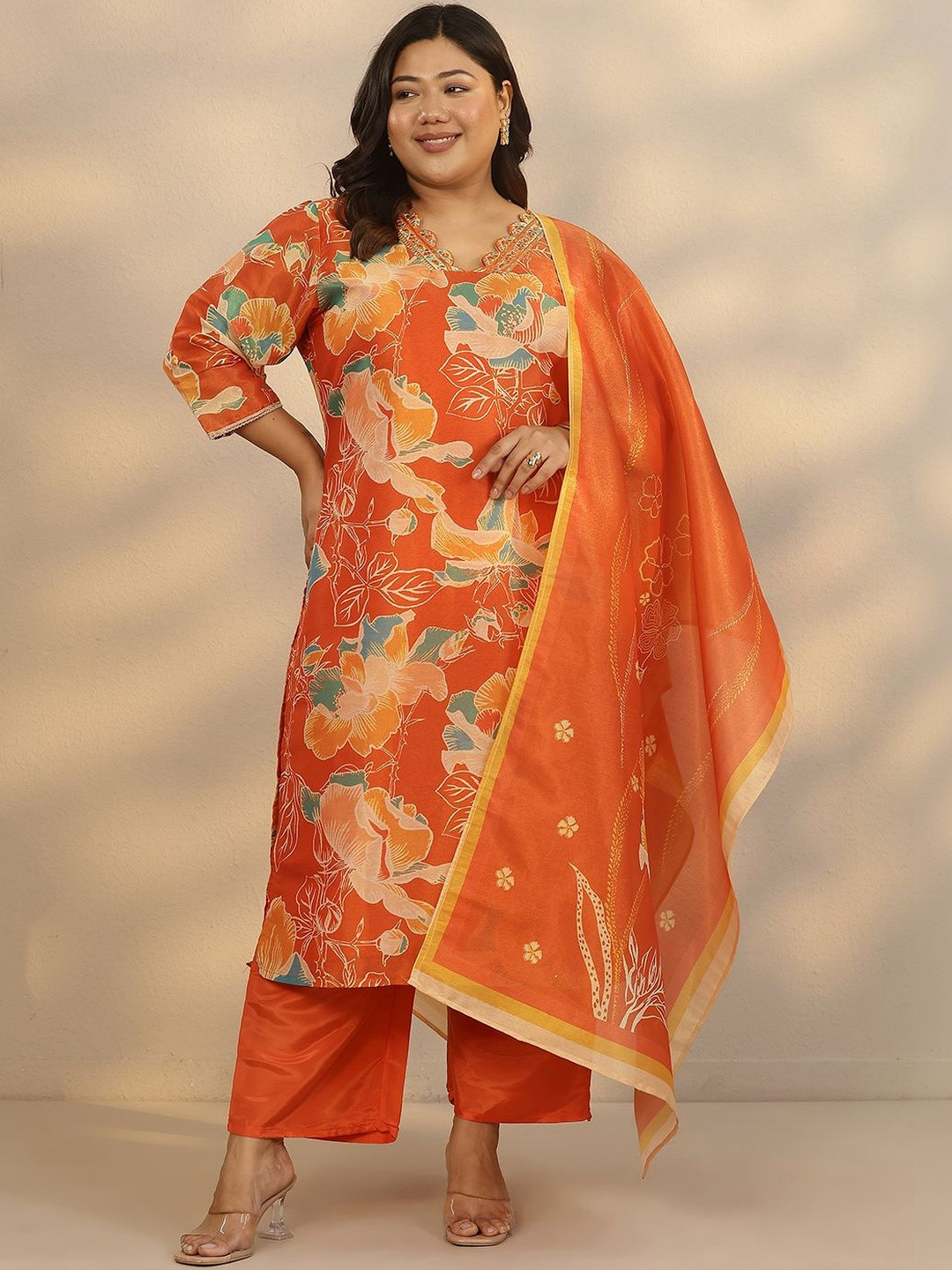 EXTRA LOVE BY LIBAS Plus Size Women Floral Printed Kurta with Trousers & Dupatta