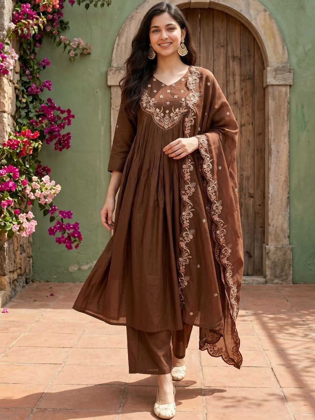 KRYSAL Women Ethnic Motifs Embroidered Panelled Thread Work Kurta with Trousers & With Dupatta