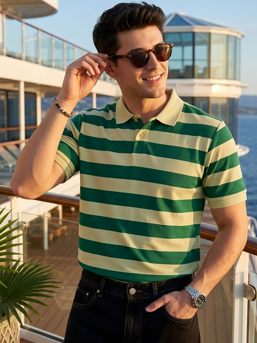 CLUB 44 Men Striped Polo Collar T-shirt
