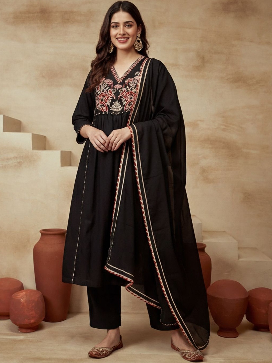 House of Pataudi Floral Embroidered A-Line Cotton Kurta & Trousers Sets