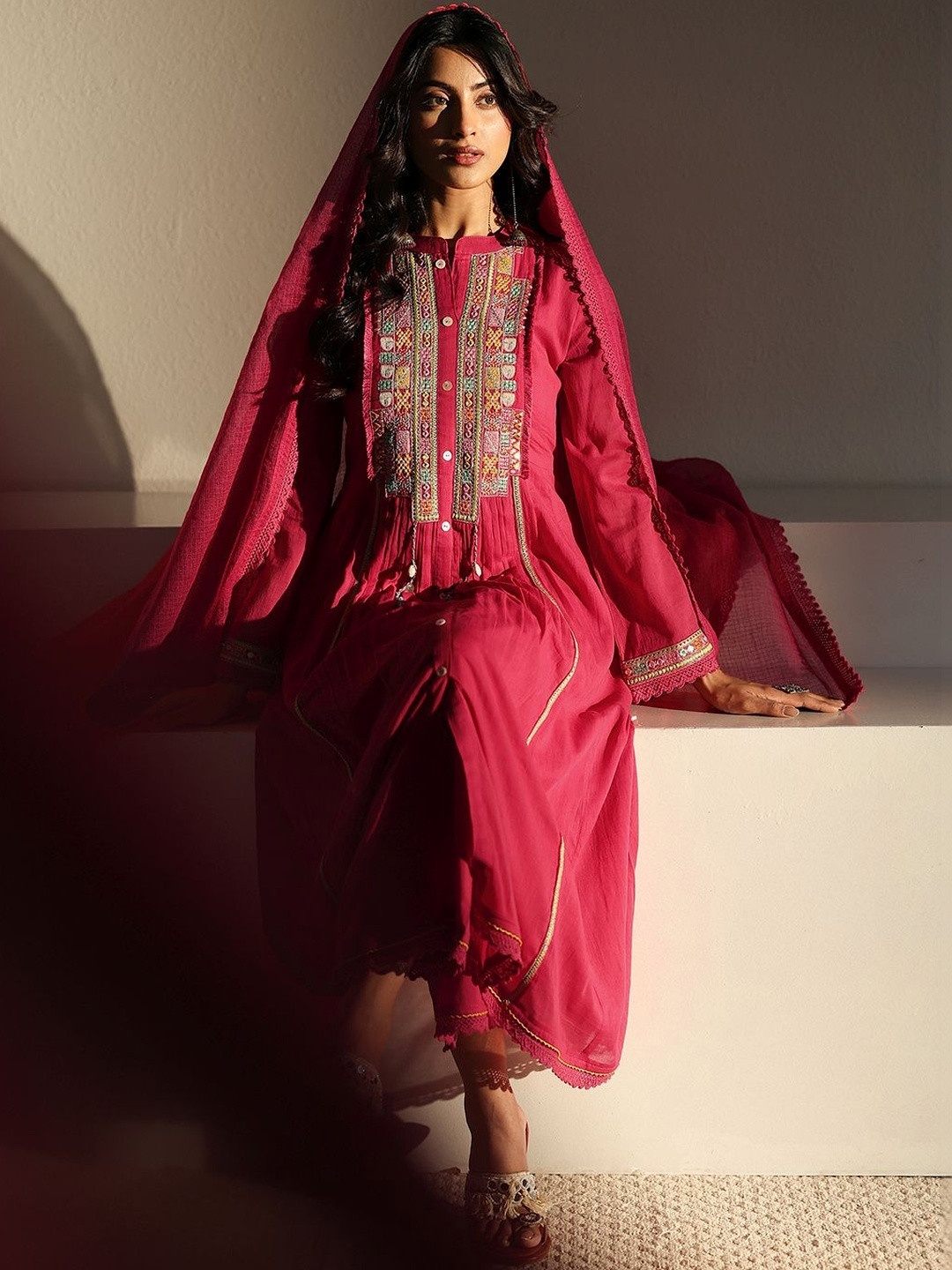 Libas Women Ethnic Motifs Embroidered Empire Thread Work Kurta with Trousers & With Dupatta